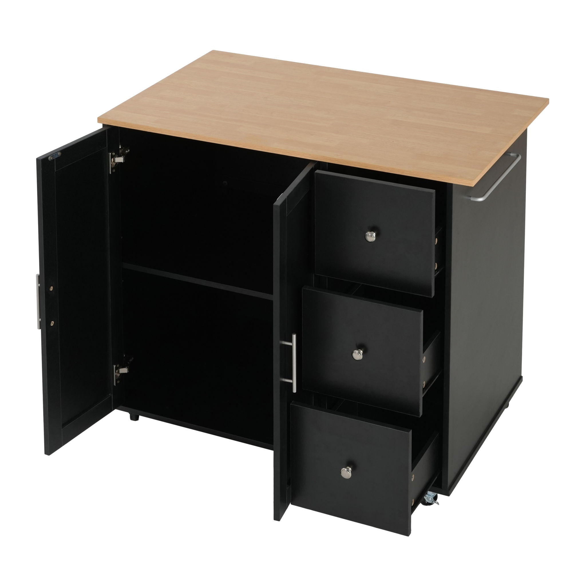 Mobile Kitchen Cart With Storage With 2 Doors, 3 Drawers & Adjustable Shelf - Black / Natural