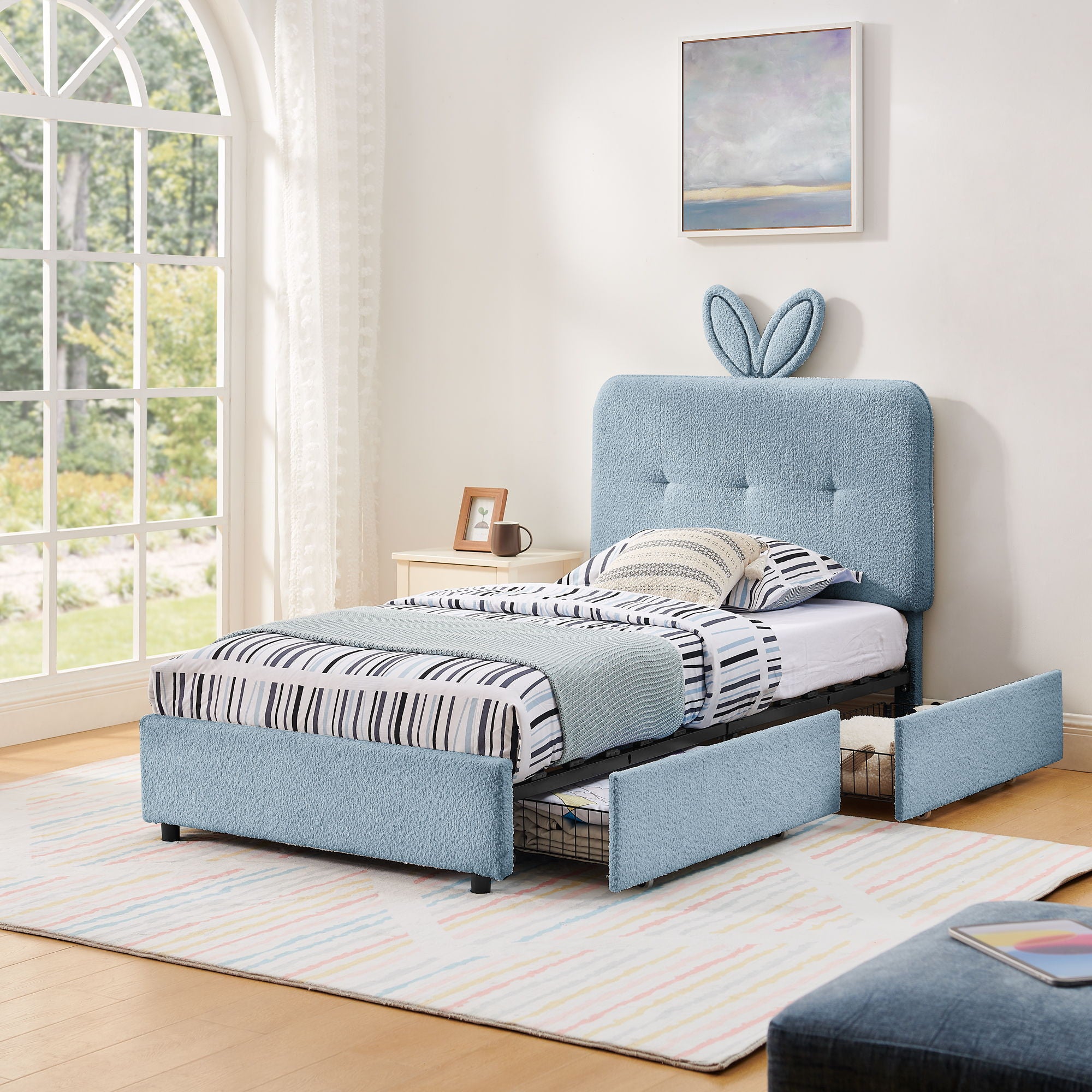 Upholstered Bed With Oversized Rabbit Ear Headboard, LED Lights & 4 Storage Drawers