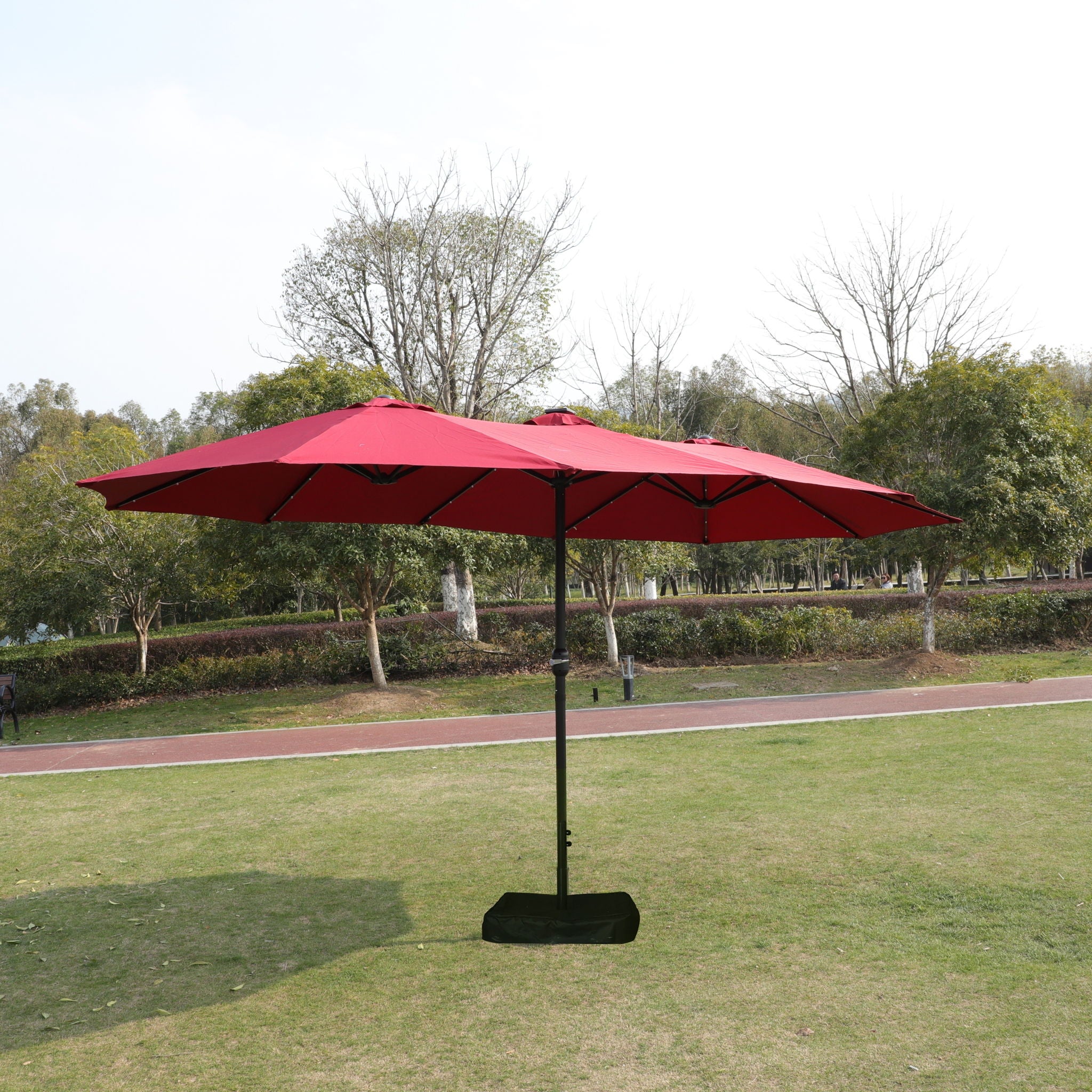 Double- Sided Outdoor Market Umbrella With Lights And Base