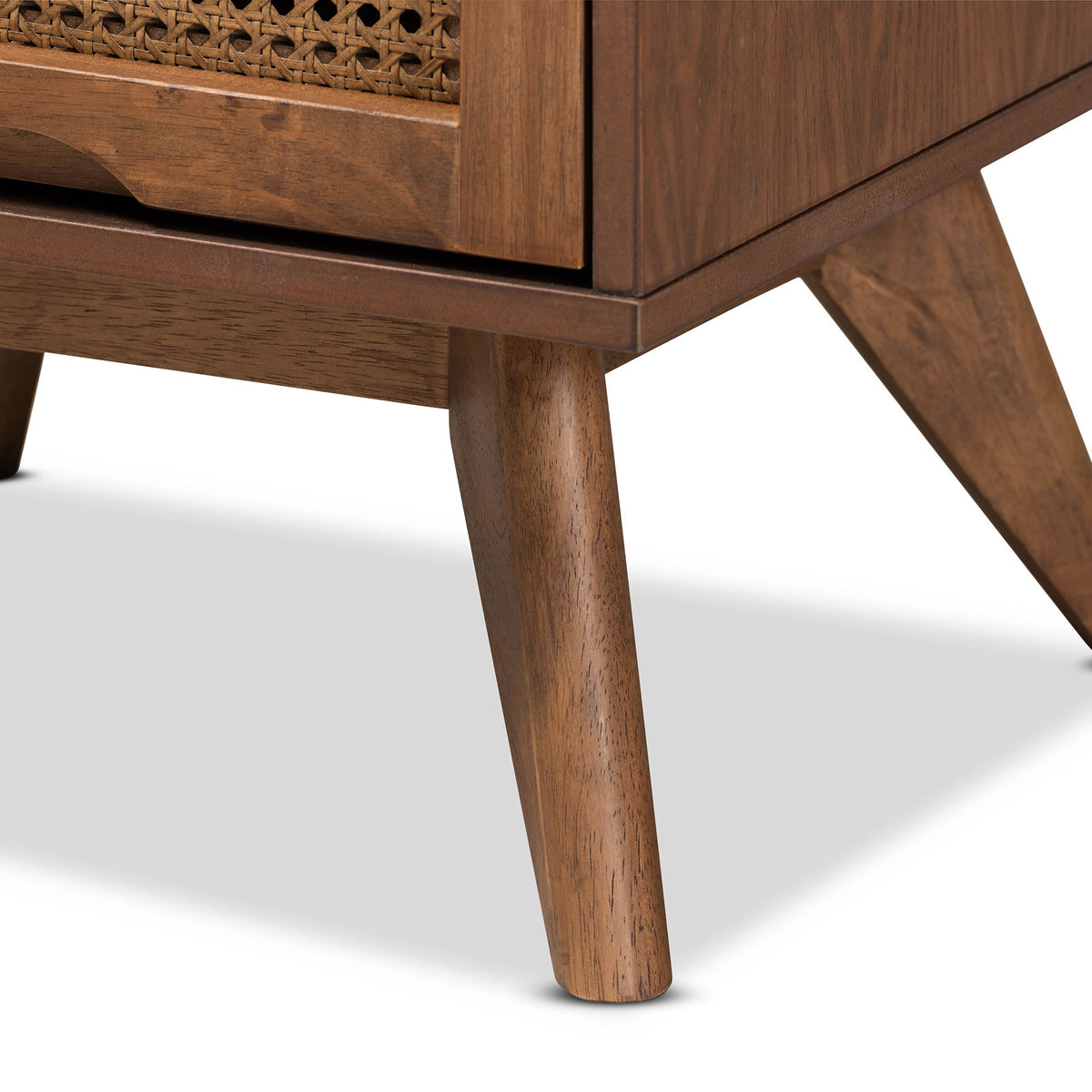 Barrett Mid-Century Modern Walnut Brown Finished Wood and Synthetic Rattan 2-Drawer Nightstand