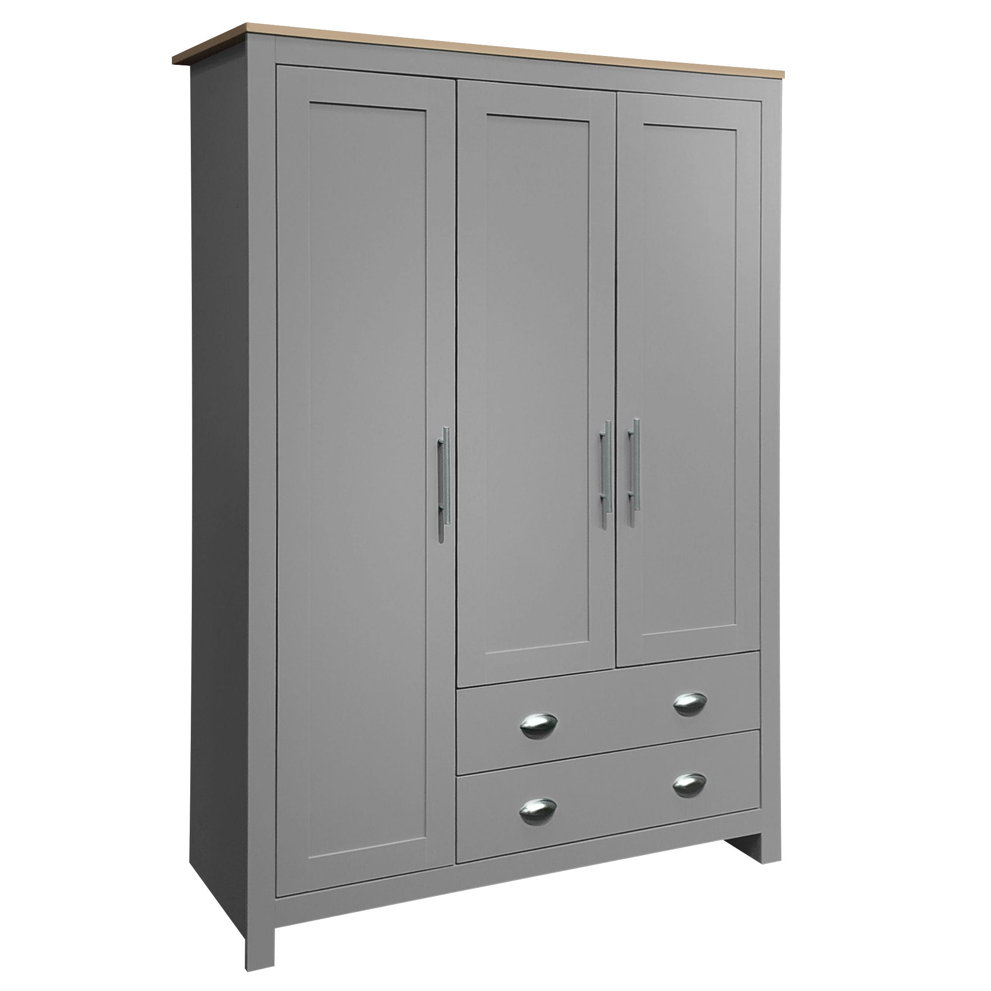 3 Door Storage Wardrobe With Cabinets And 2 Hanging Rods - Gray