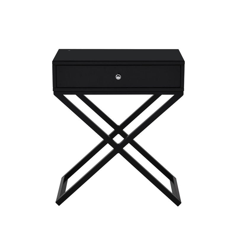 Koda 23"W Black Wooden End Side Table Nightstand with Glass Top, Drawer and Metal Cross Base