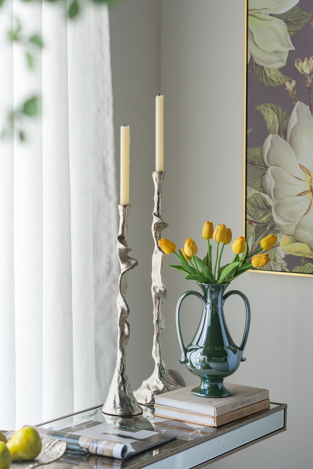 Rectangular Console Table With Elegant Floral Design And Mirrored - Silver Multi