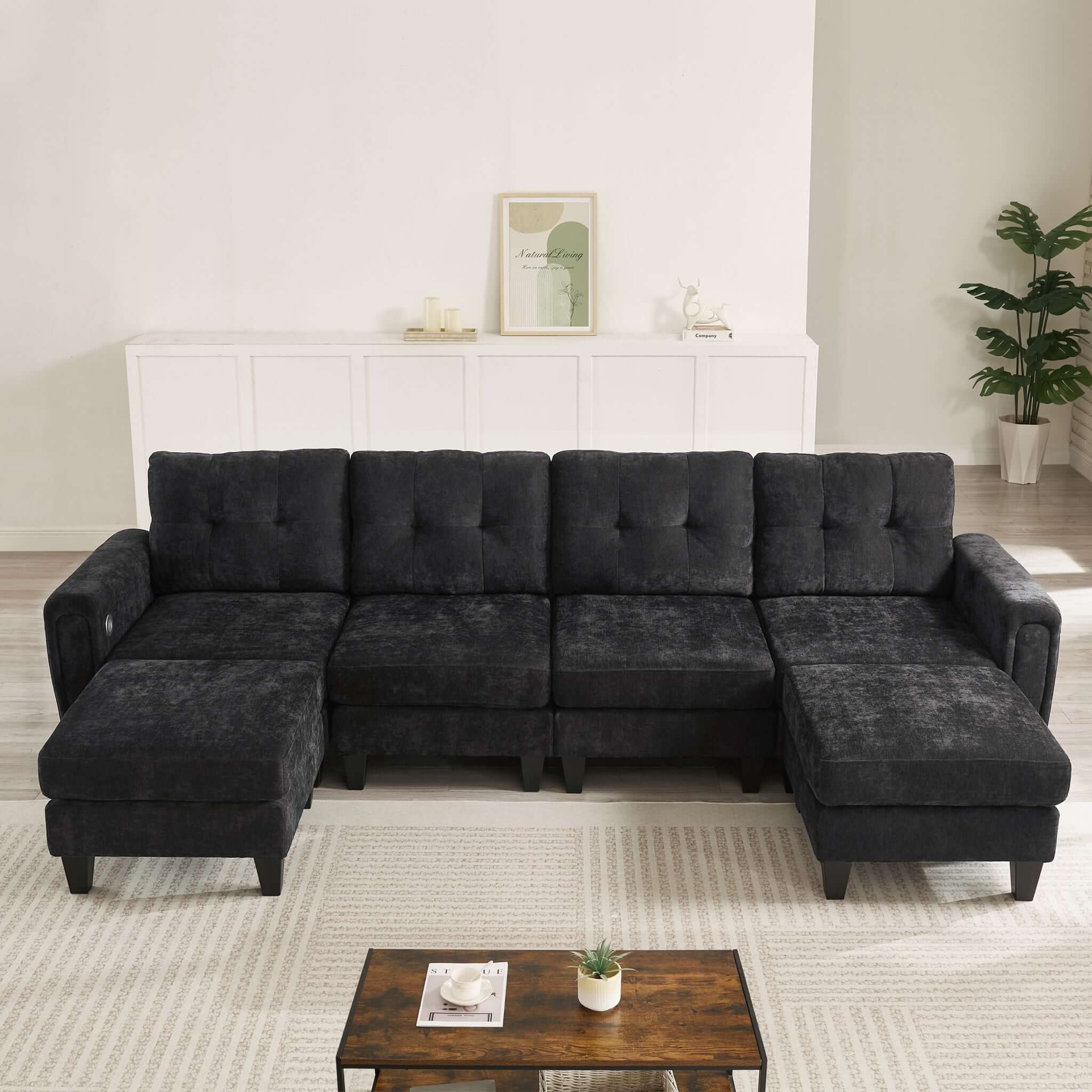 Modular Sectional Sofa With Movable Ottomans, USB Ports & Side Tables