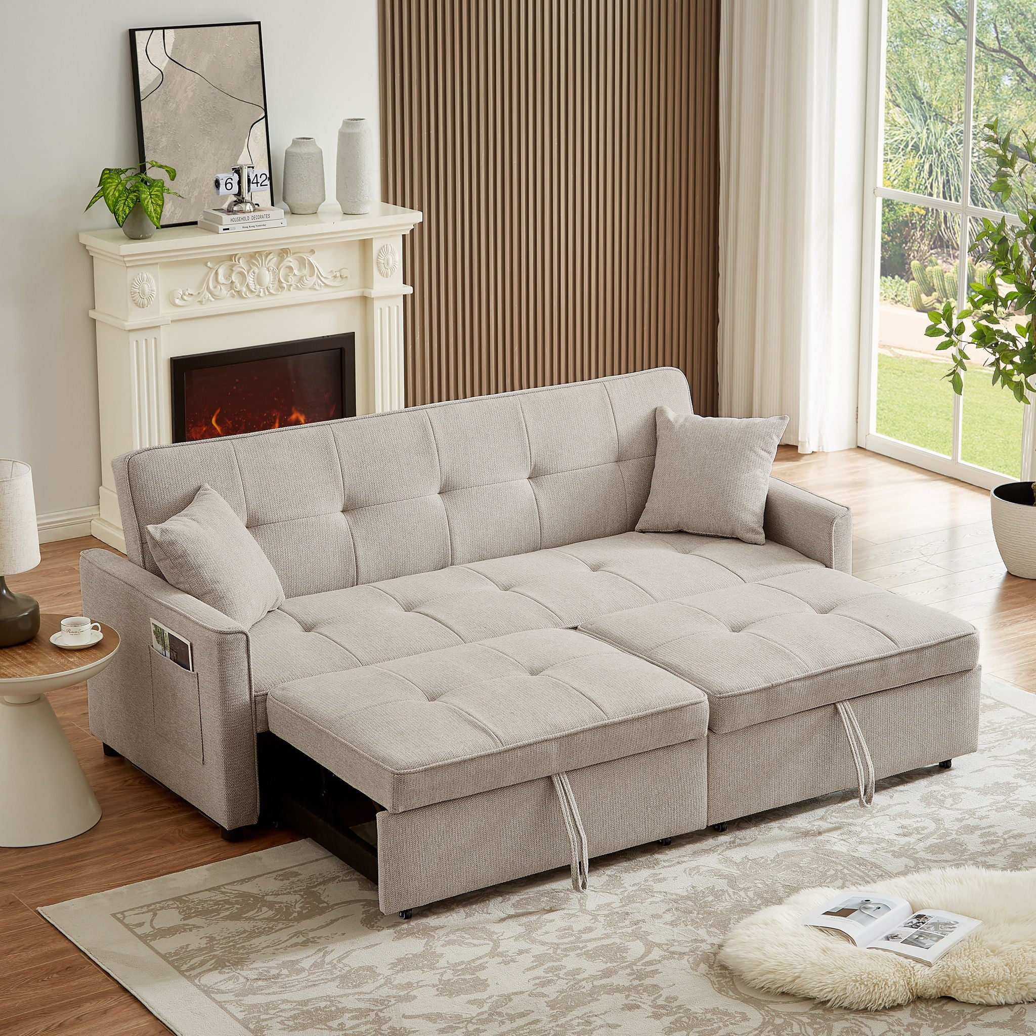 3 In 1 Convertible Sleeper Sofa Bed, Reclining Backrest, Pillows, Pockets