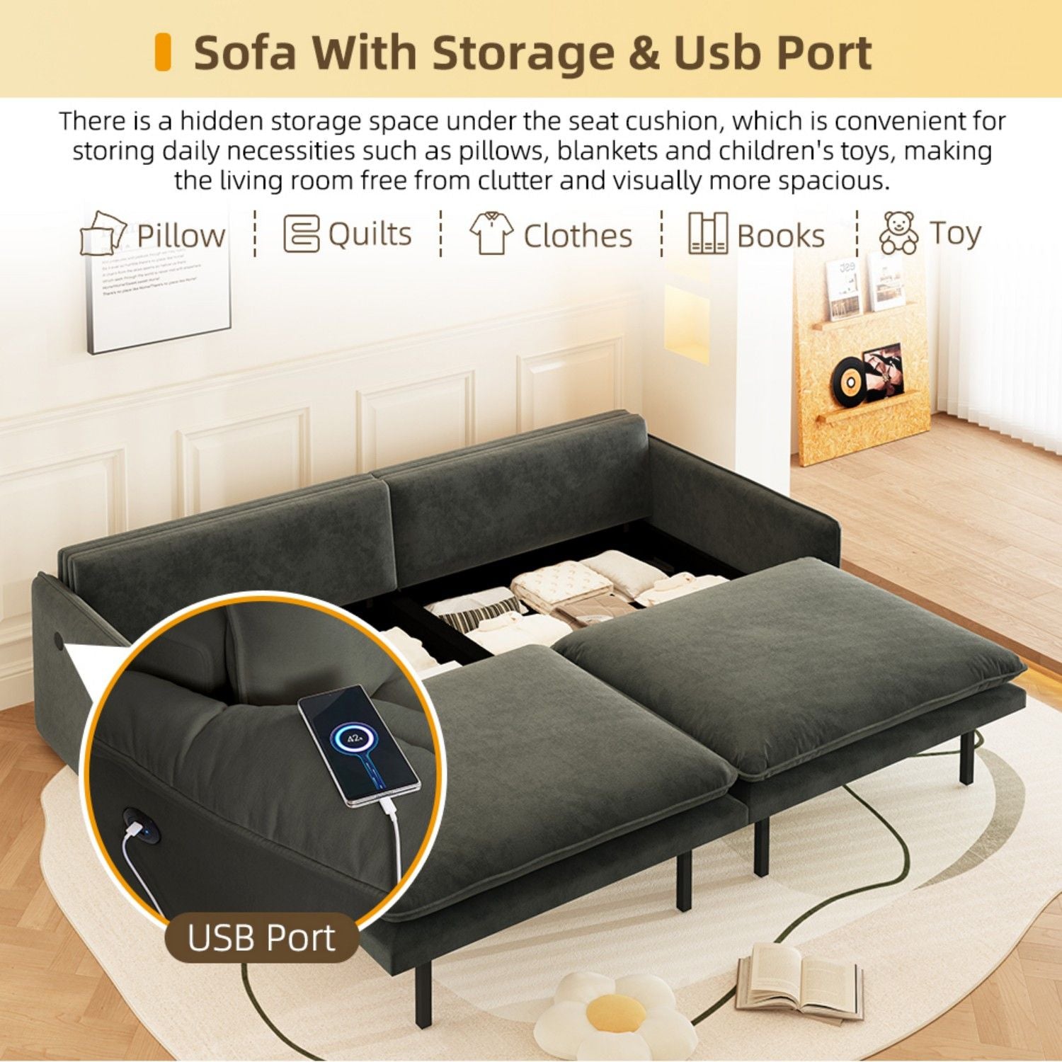 4 Seat Convertible Sleeper Sofa Bed, Modern With Storage