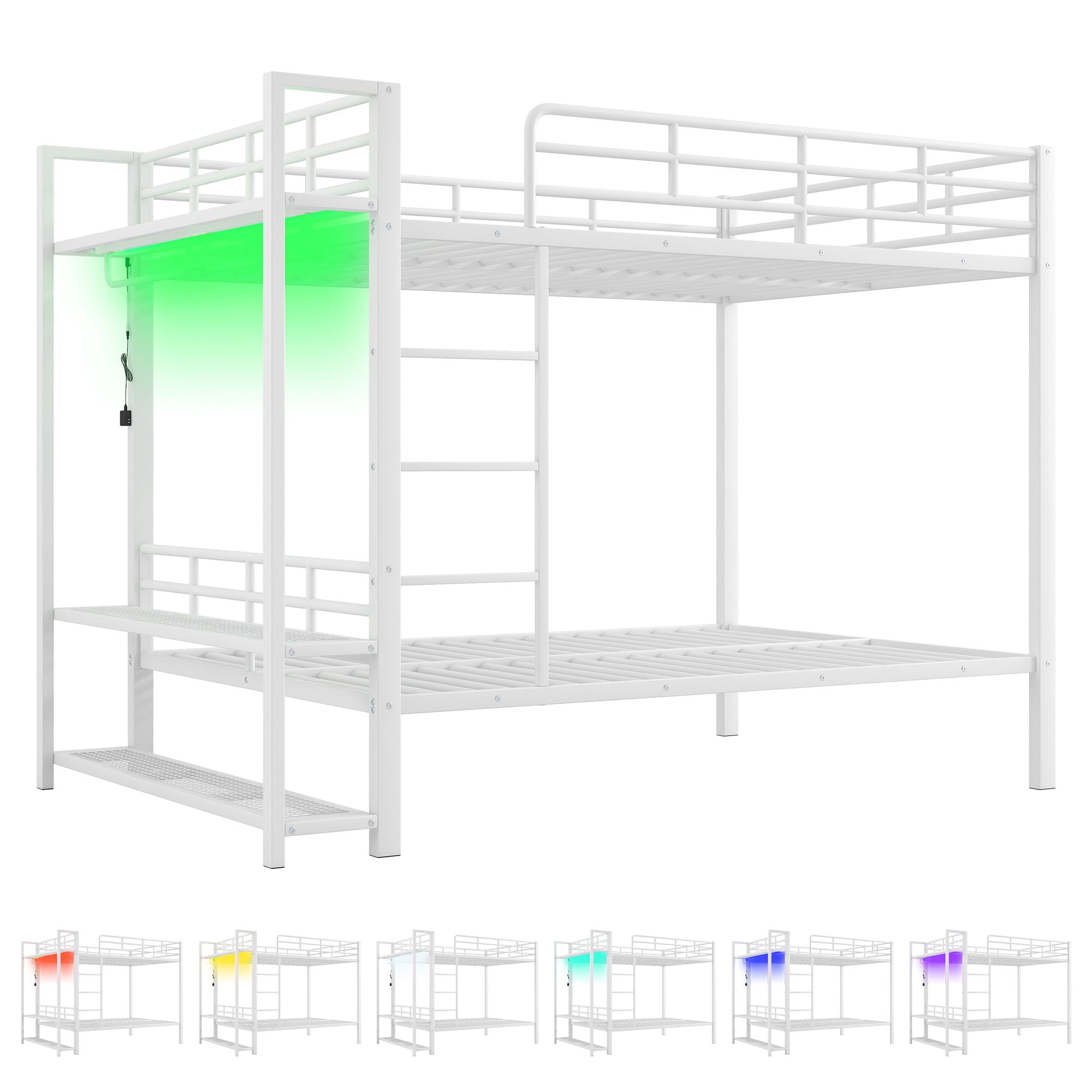 Bunk Bed With Storage Mesh Shelves, Clothes Hooks, LED Light