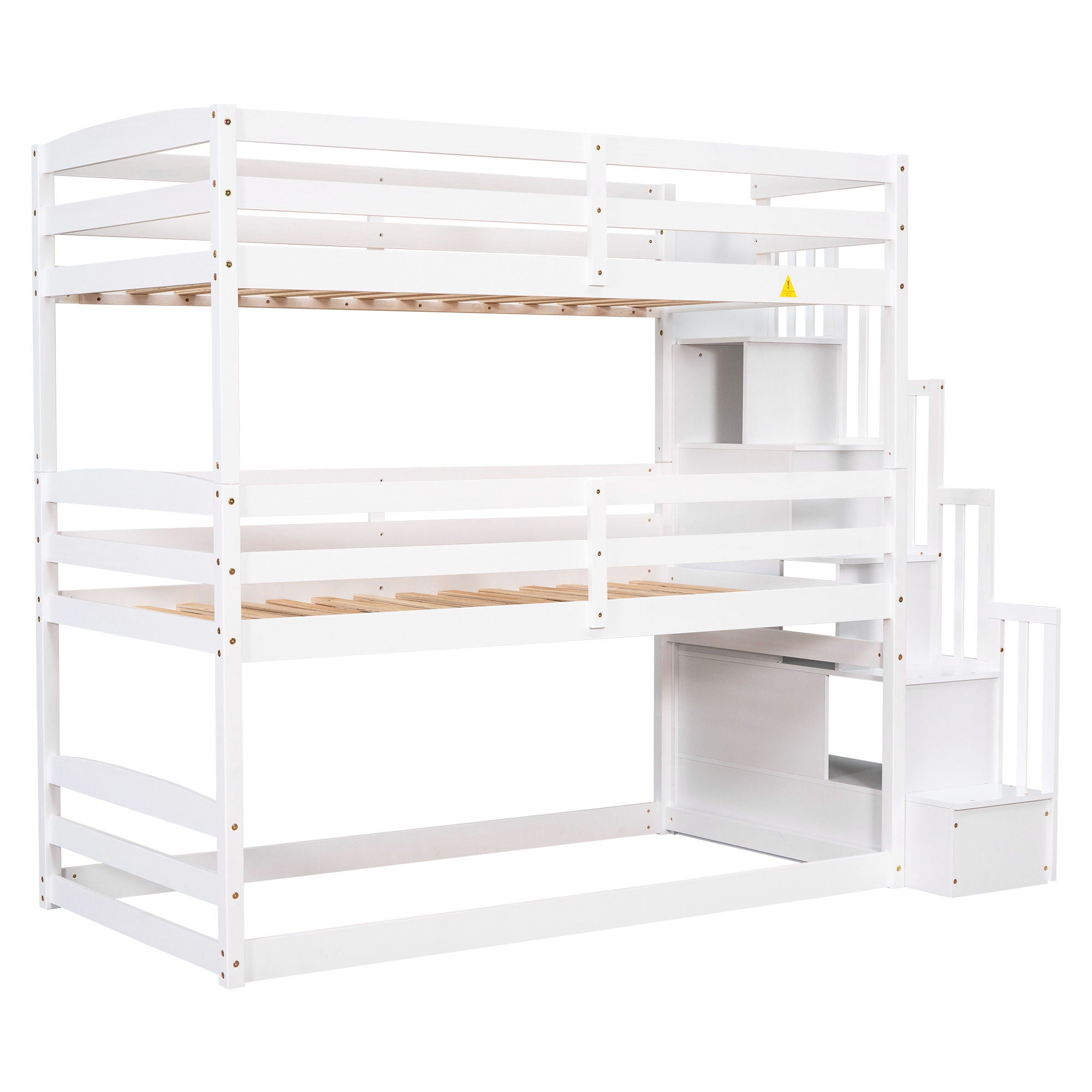 Twin Size Triple Bunk Bed With Storage Staircase, Separate Design - White
