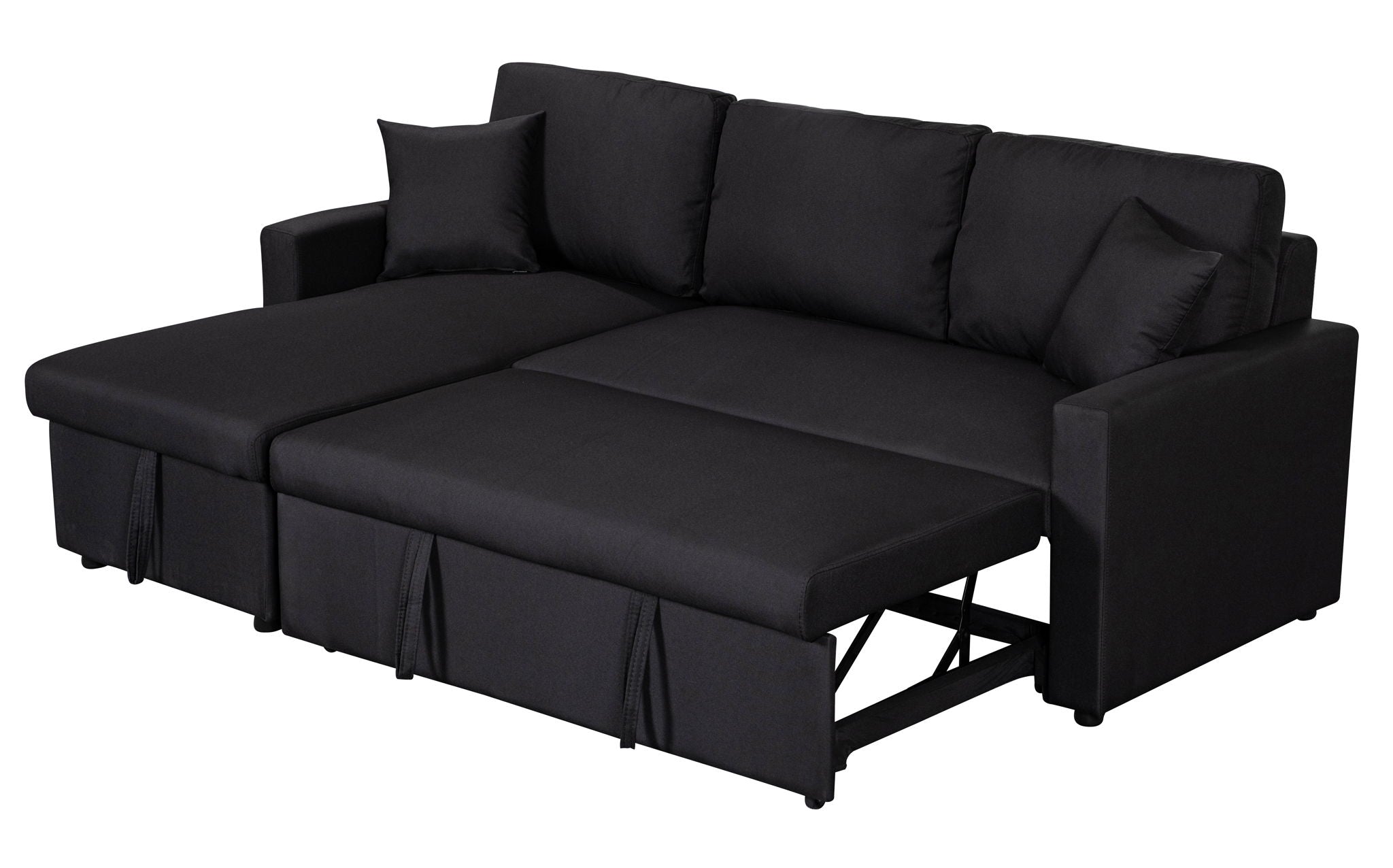 Paisley 82"W Black Linen Fabric Reversible Sleeper Sectional Sofa with Storage Chaise