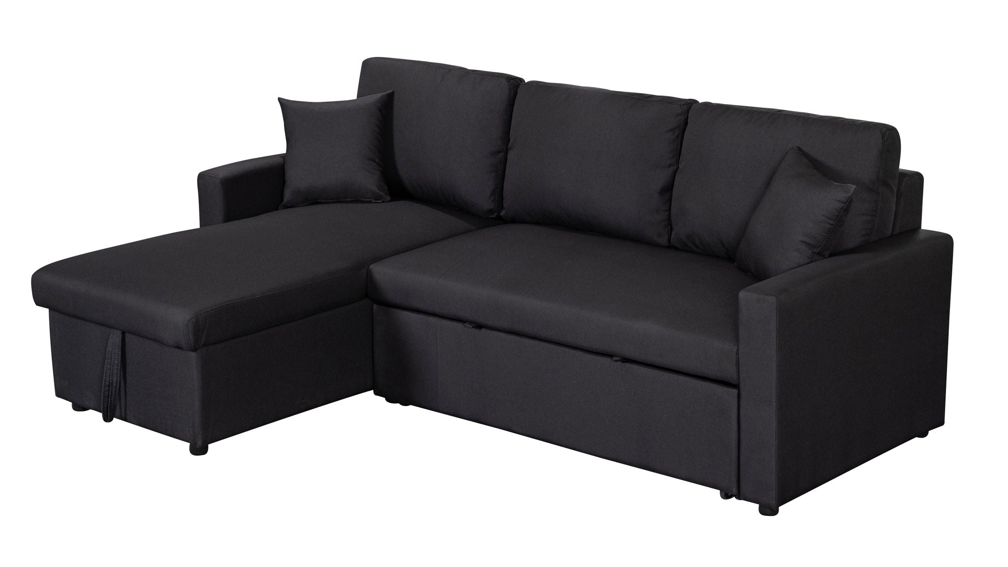 Paisley 82"W Black Linen Fabric Reversible Sleeper Sectional Sofa with Storage Chaise