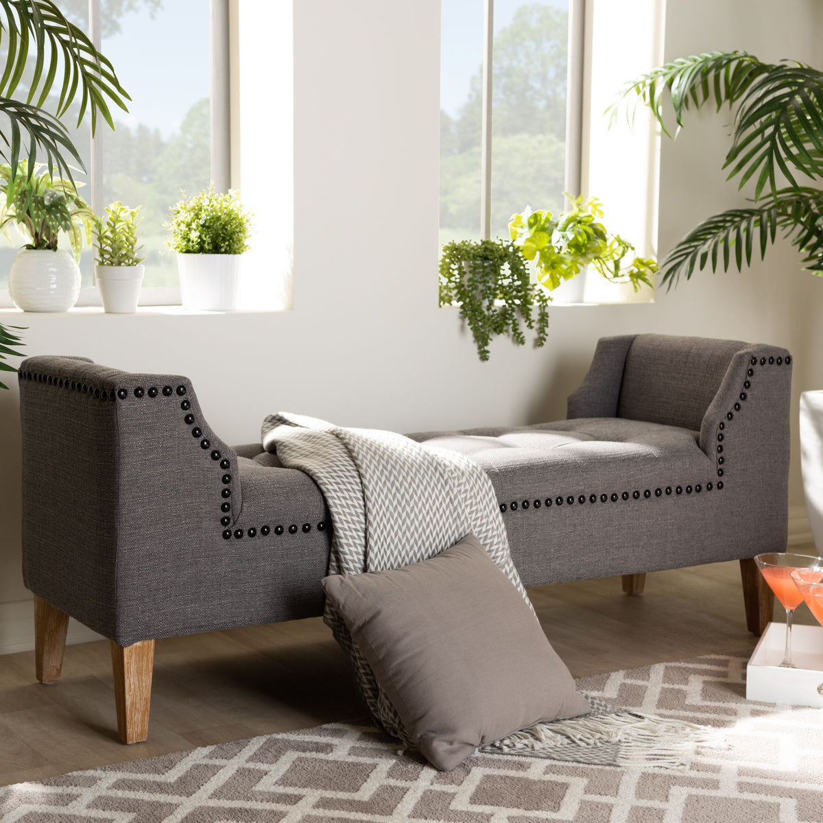 Perret Modern and Contemporary Gray Linen Fabric Upholstered Oak Brown Finished Wood Bench