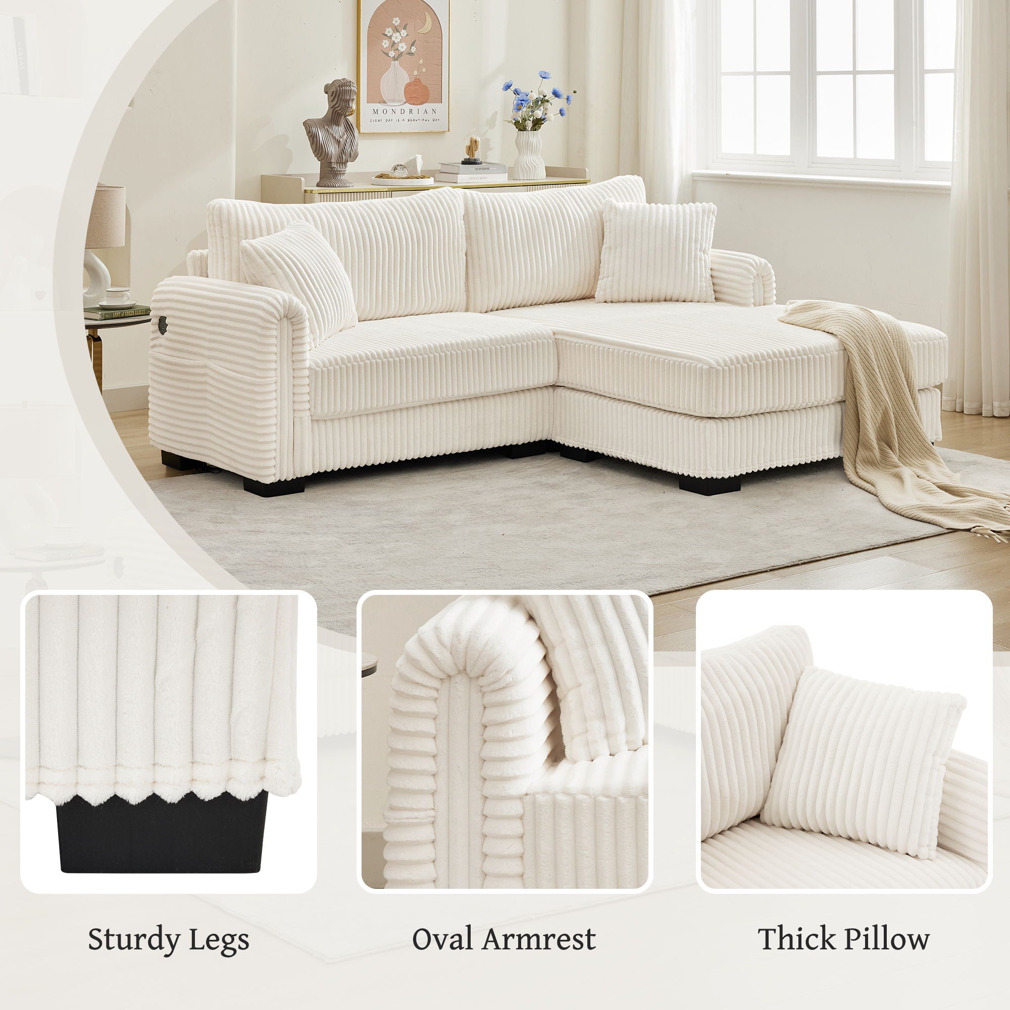 2 Seater L Shaped Chaise Sofa With Reversible Cushion, USB - C Charging Port, Storage Pocket, Convertible Left / Right Design