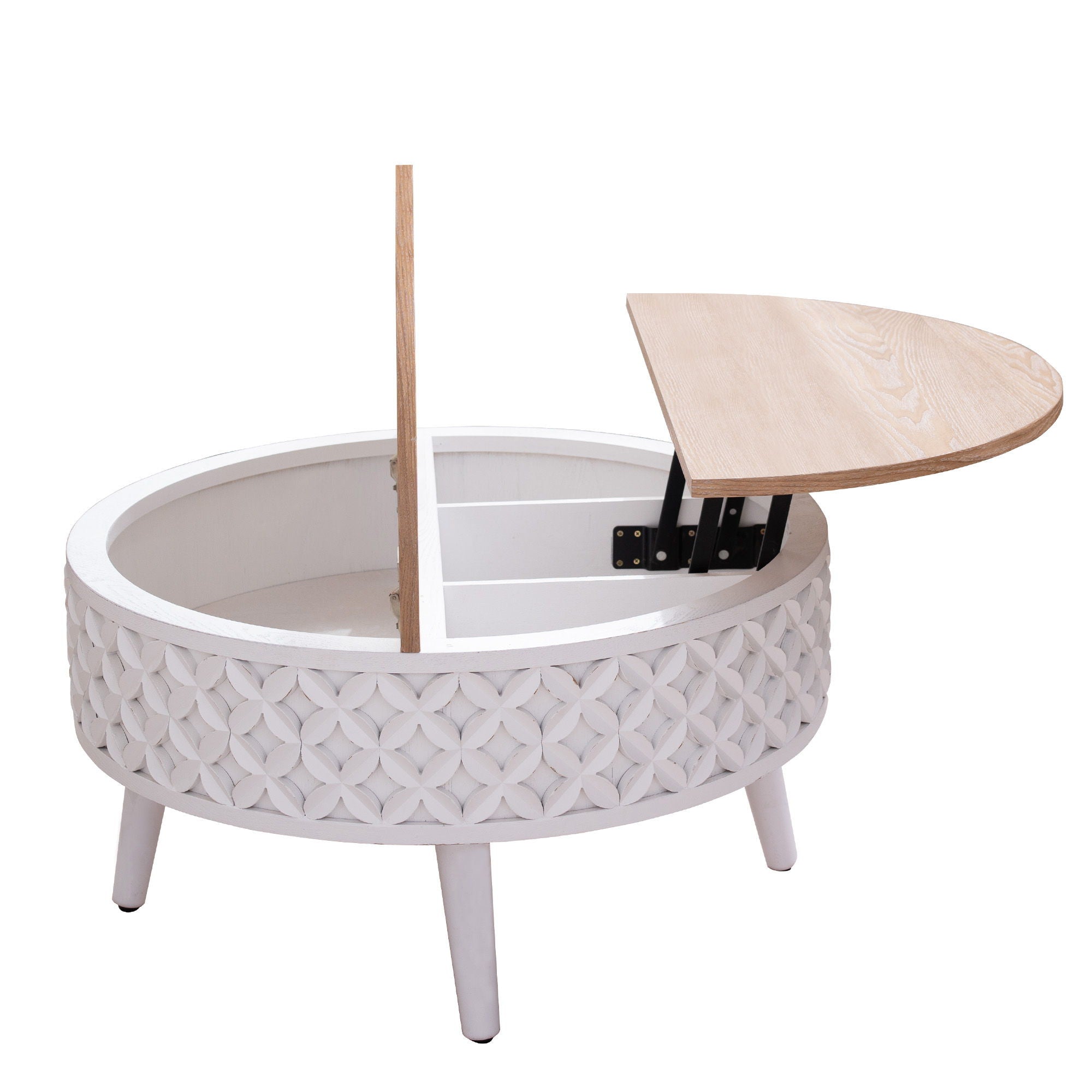 Round Coffee Table With Storage - White / Light Oak