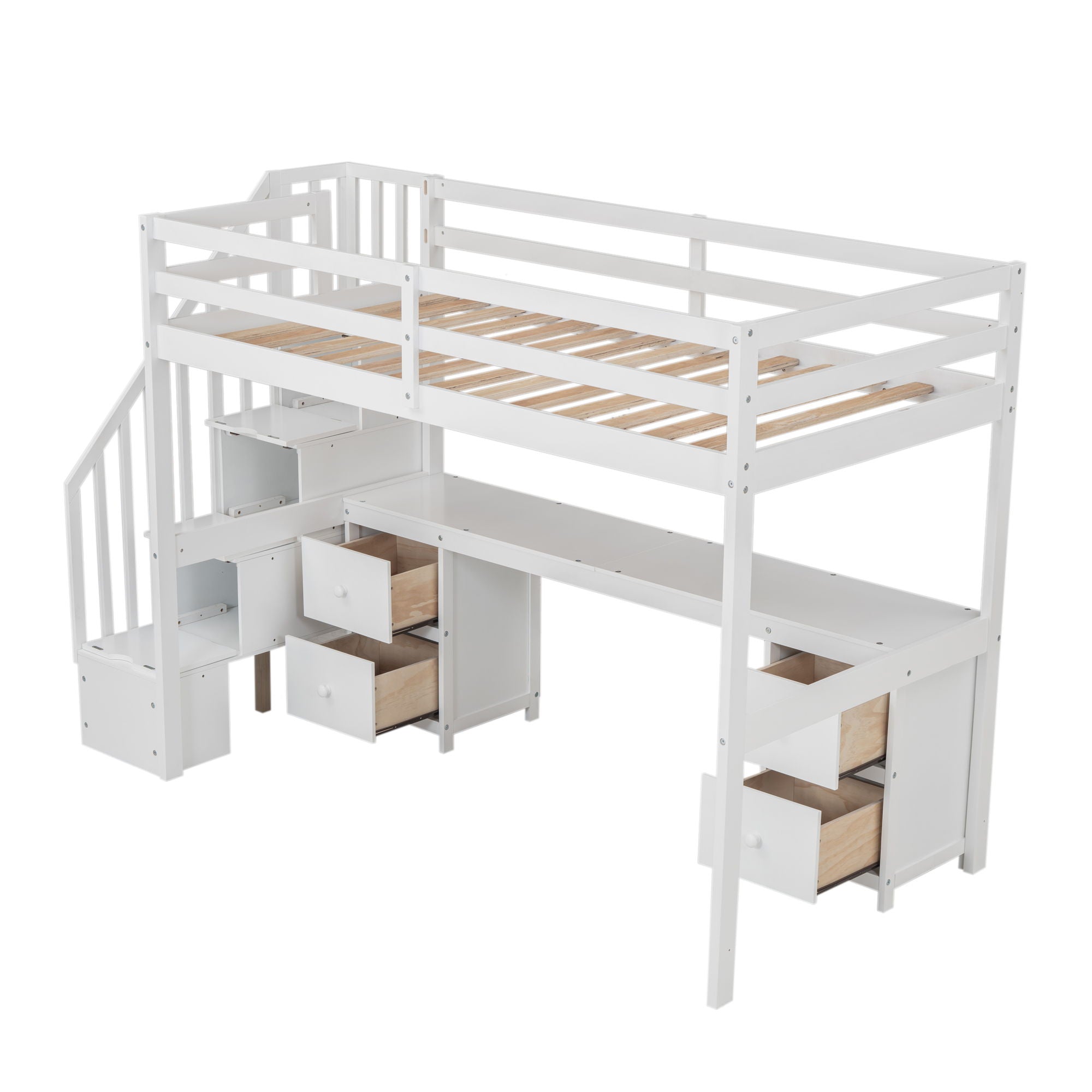 Loft Bed Frame With Built In Desk And Double Storage Drawers