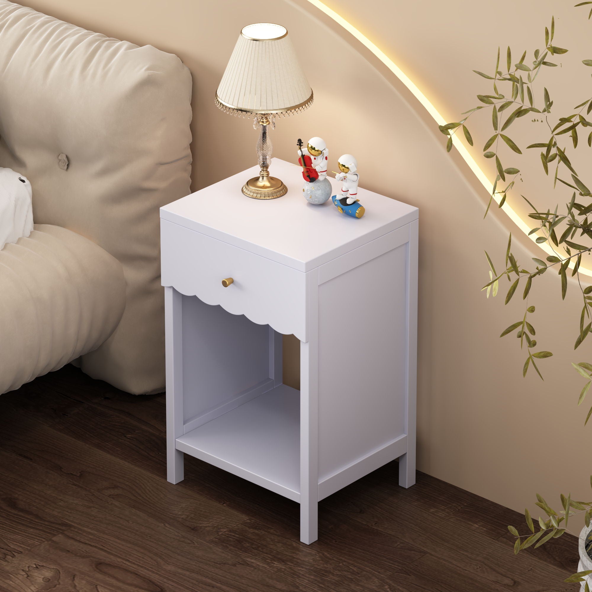 Nightstand With Drawer And Open Shelf, Scalloped Edge Bedside Table