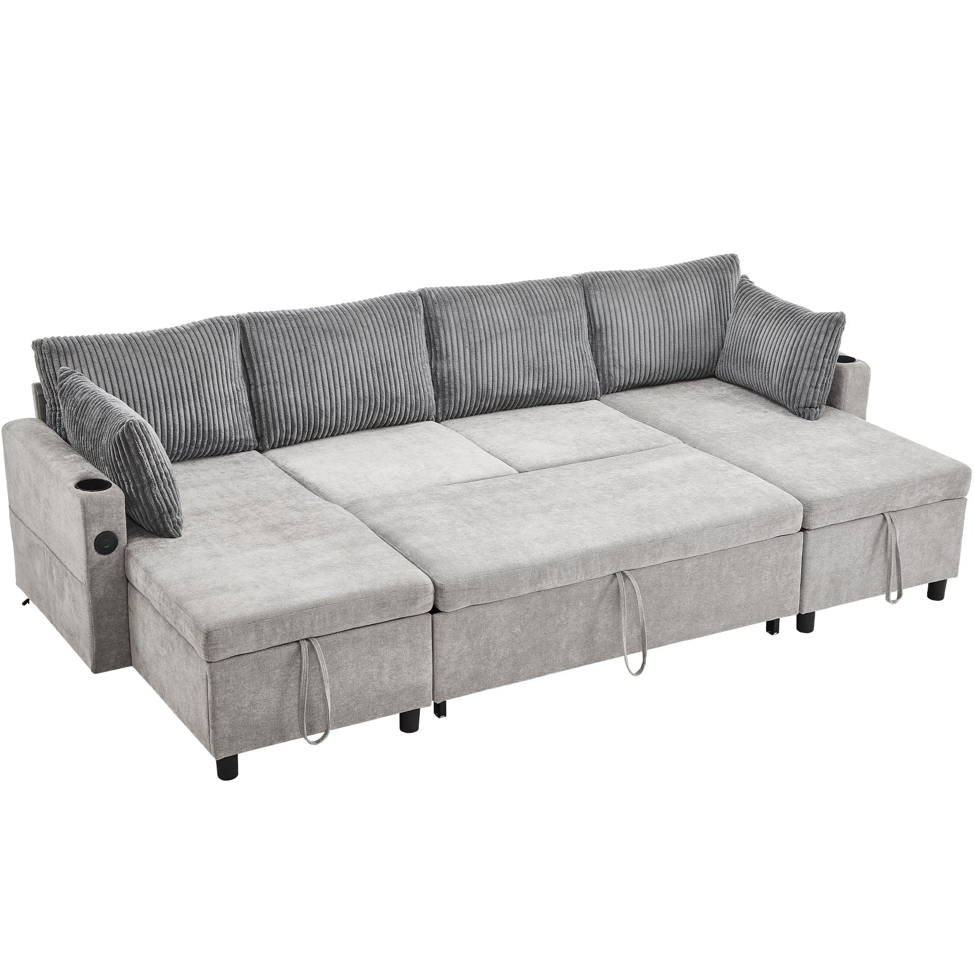 Sectional Sofa Bed With Pull Out Sleeper, USB Ports, Cup Holders