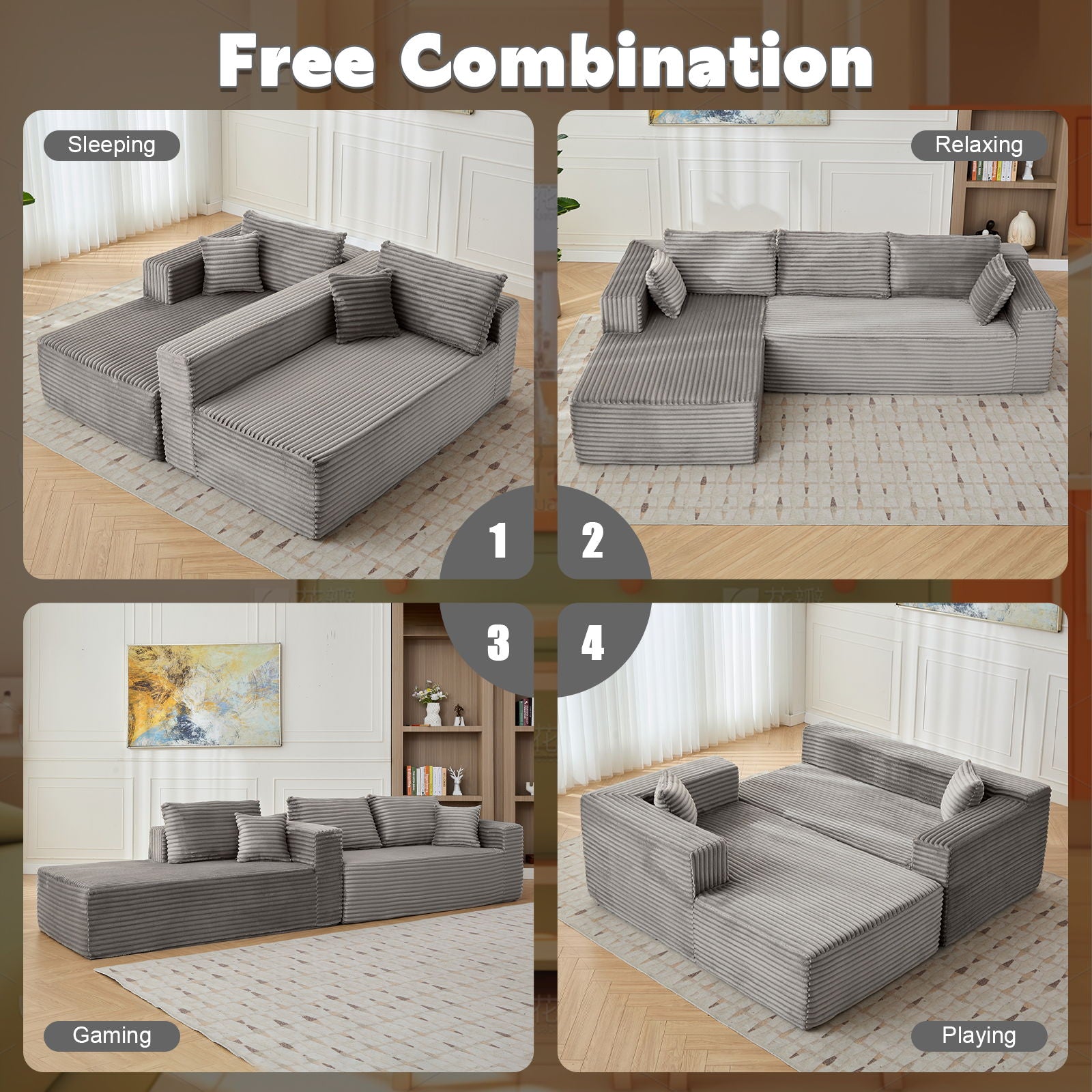 Compression Sectional Couch With Comfy Chaise, Boneless L Shape Sofa With Deep Seat