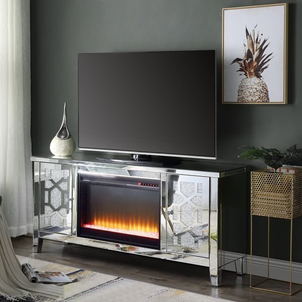 ACME Noralie - TV Stand - Mirrored & Faux Diamonds - Wood - 28" | Meri Furniture