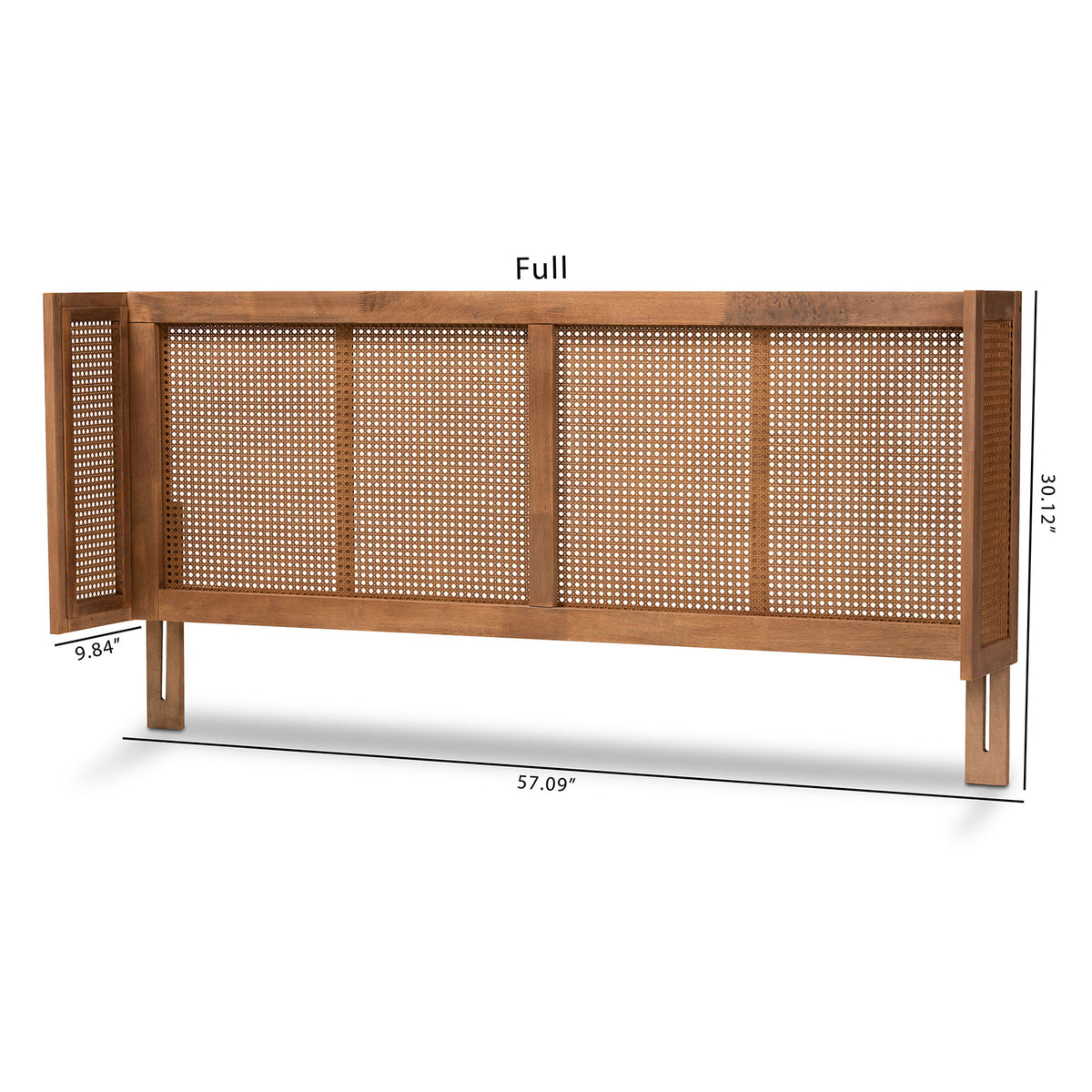 Rina Mid-Century Modern Ash Wanut Finished Wood and Synthetic Rattan Full Size Wrap-Around Headboard
