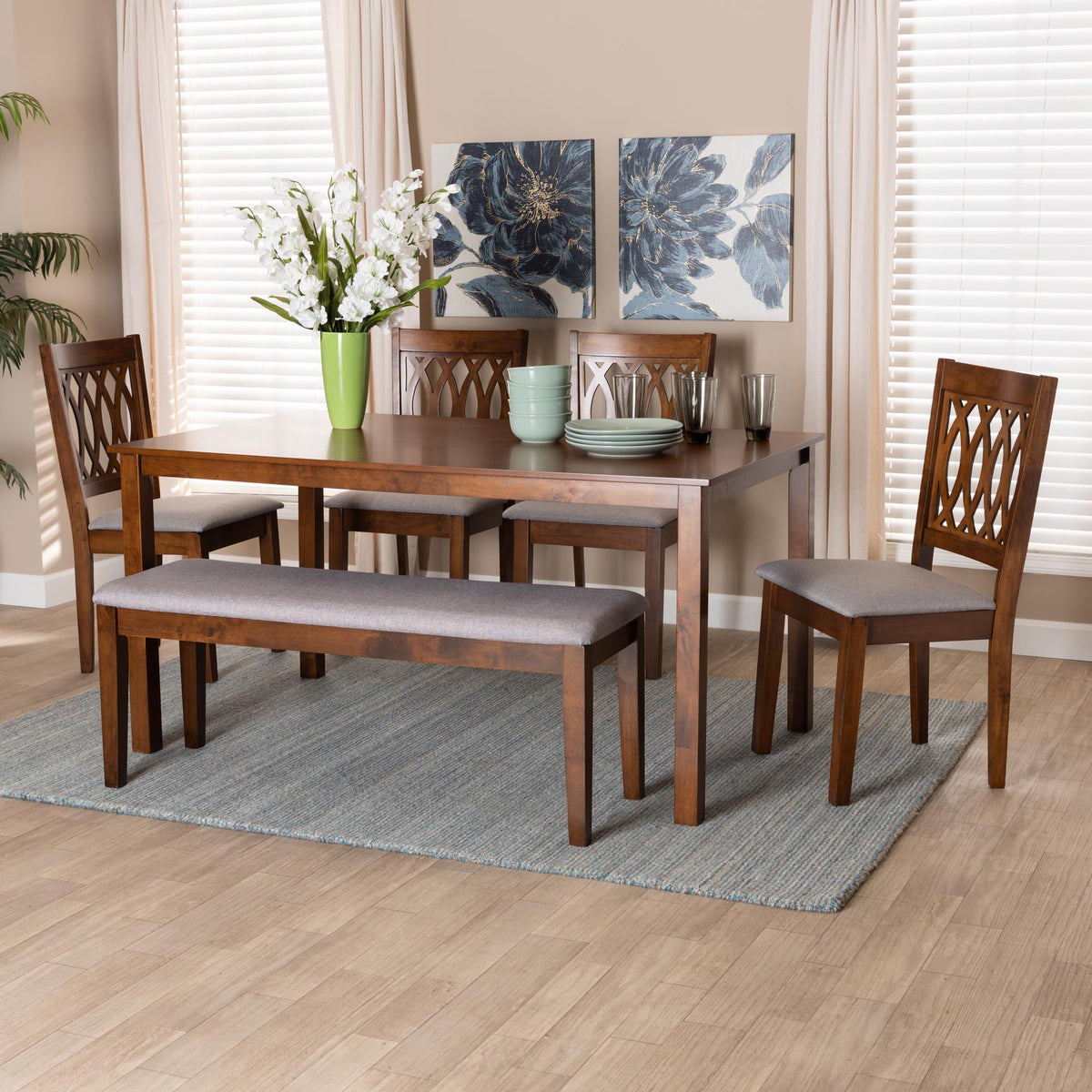 Florencia Modern Grey Fabric and Walnut Brown Finished Wood 6-Piece Dining Set