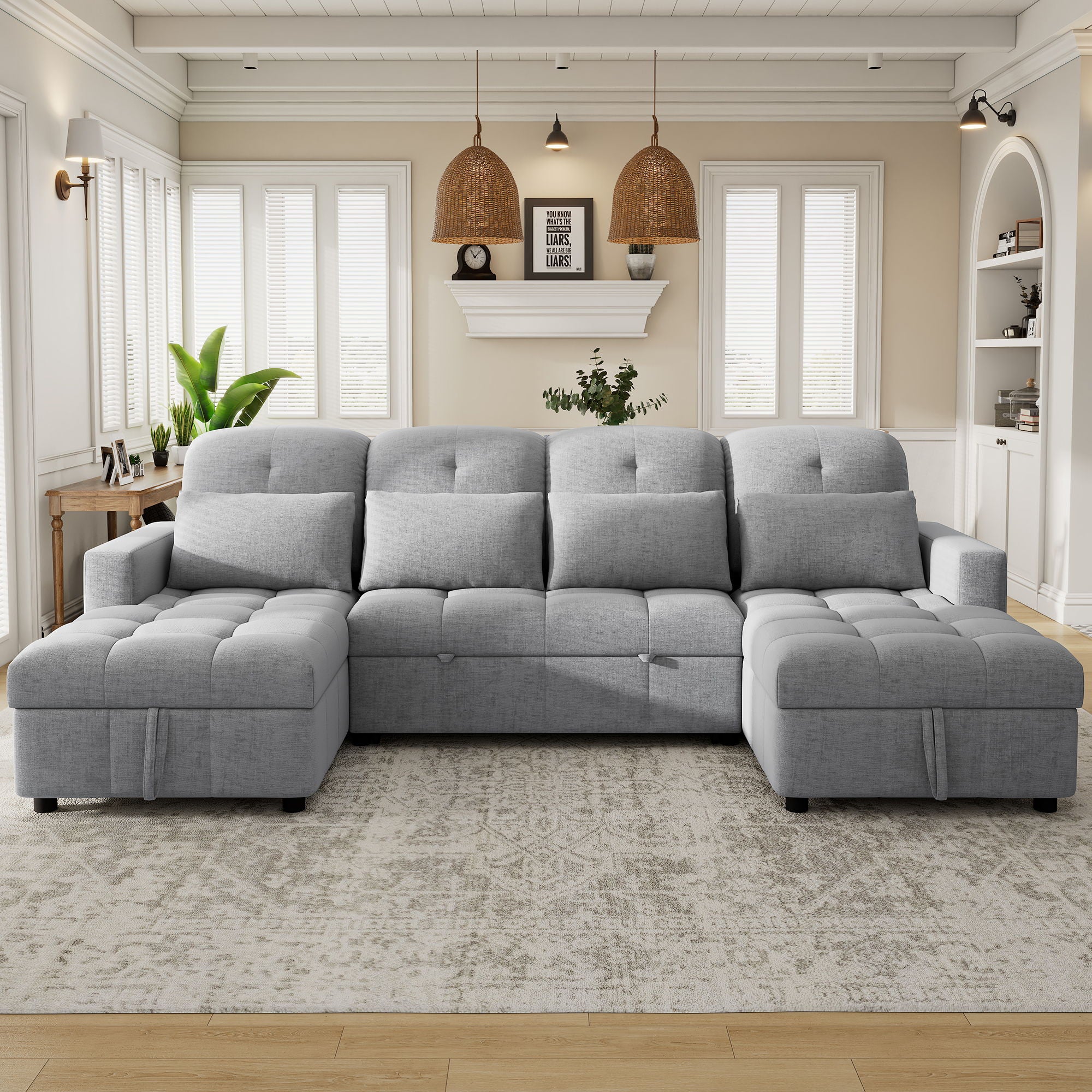 Oversized U-Shaped Versatile Sectional, Pull-Out Sofa Bed With Double Storage Chaise Lounges And 2 USB Ports For Living Room
