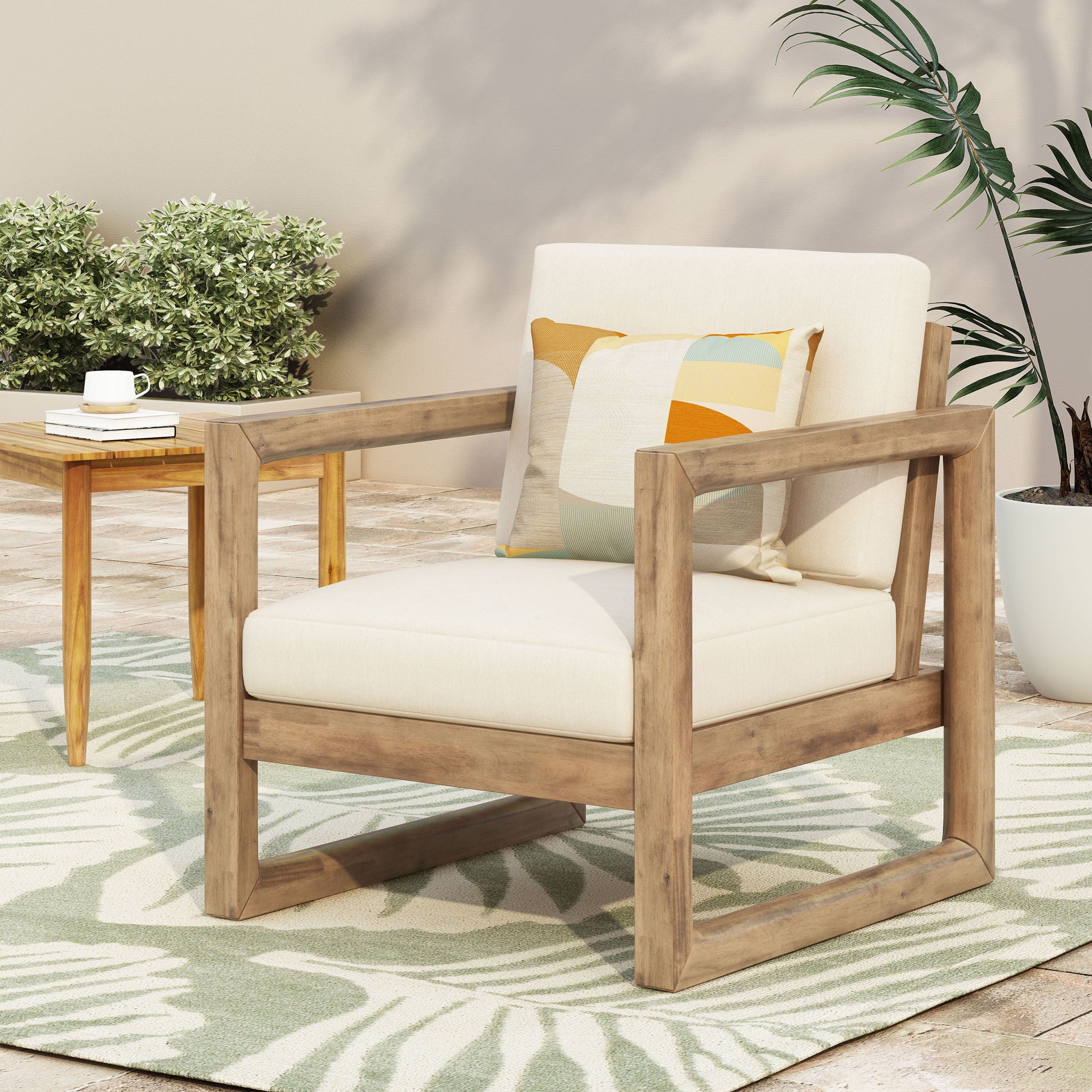 Outdoor Acacia Wood Patio Club Chair, Wood Patio Furniture, Waterproof Thick Cushion Deep Seating For Porch - Brown Wash / Beige