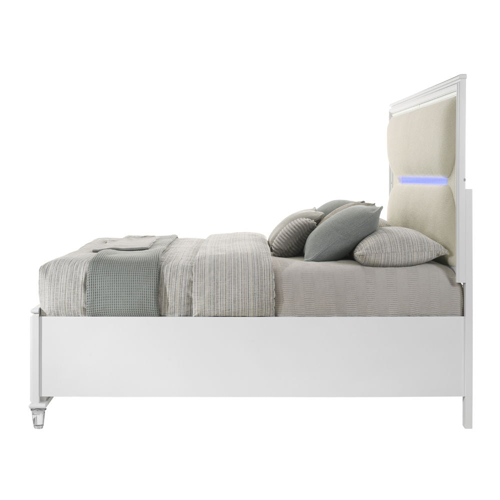 ACME Box Spring NOT Required (13 Slats), Padded Headboad, LED Included(Headboard & Mirror), Storage Footboard, Acrylic KD Legs, Drawer: Dovetail, 2/3 Extension Glide, Mirror Trim | Meri Furniture