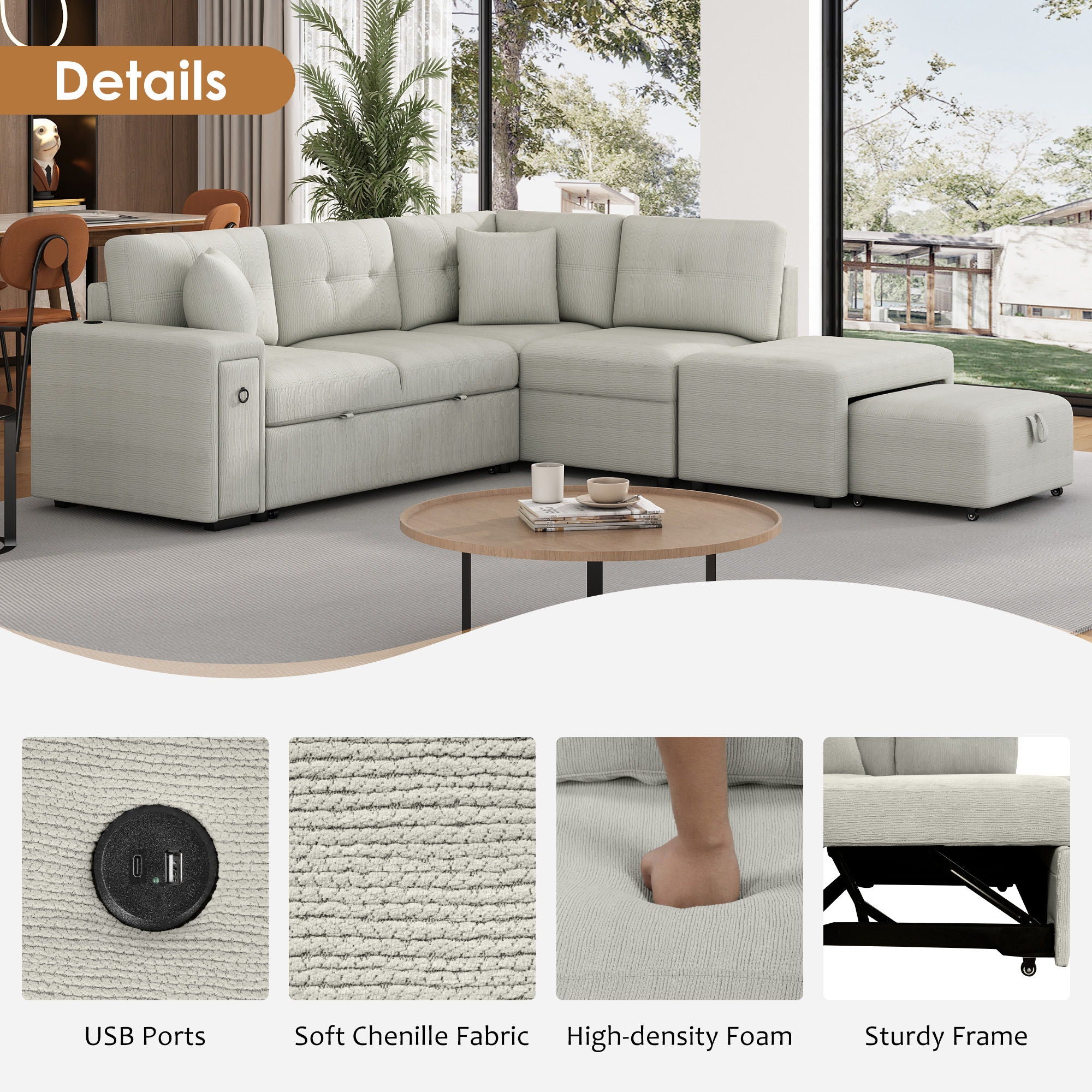 Sectional Sofa L-Shaped Sofa Couch Pull-Out Sofa Bed With A Movable Ottoman, Two USB Ports And Two Cup Holders For Living Room