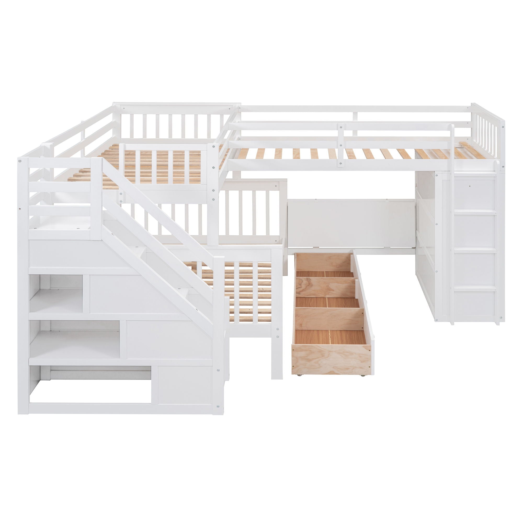L Shaped Bunk Bed With 3 Drawers, Portable Desk And Wardrobe