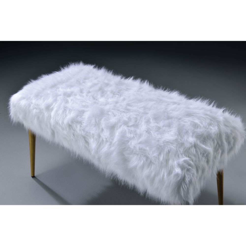ACME Bagley II - Bench - White Faux Fur & Gold - 20" | Meri Furniture