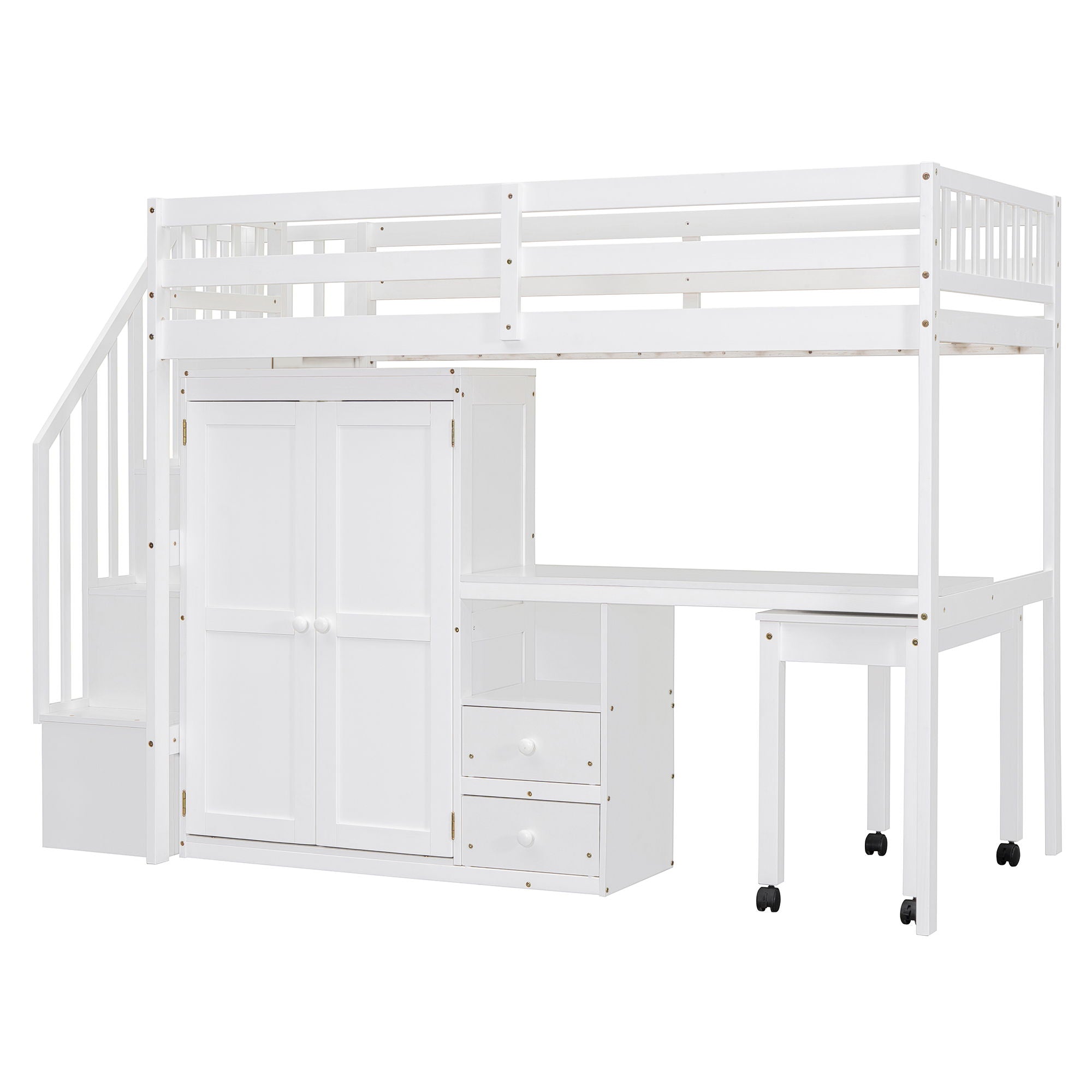 Loft Bed With Stairs, Bookshelf, Drawers, Desk & Wardrobe, Space Saving Multifunctional Furniture