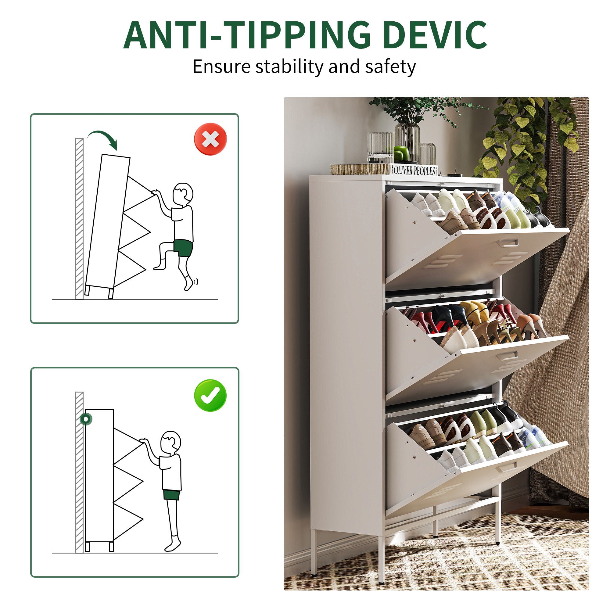 Modern Shoe Storage Cabinet With 3 Flip Drawers And Metal Frame For Entryway - Brushed Nickel