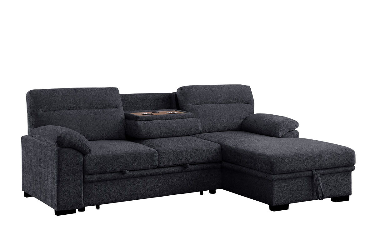 Kipling II 94"W Dark Gray Chenille Fabric Sleeper Sectional Sofa with Right-Facing Chaise, Cupholders, USB Charging port