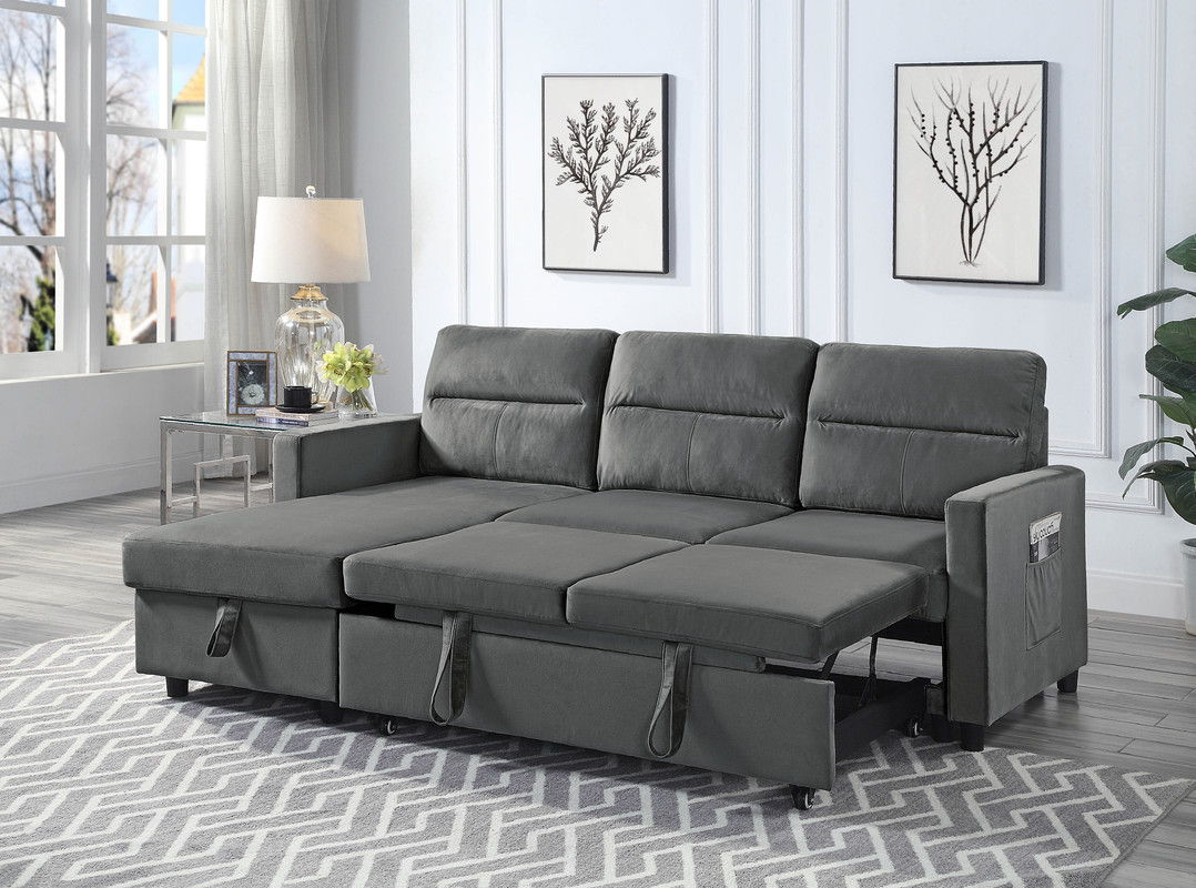 Ivy 81.5"W Dark Gray Velvet Reversible Sleeper Sectional Sofa with Storage Chaise and Side Pocket