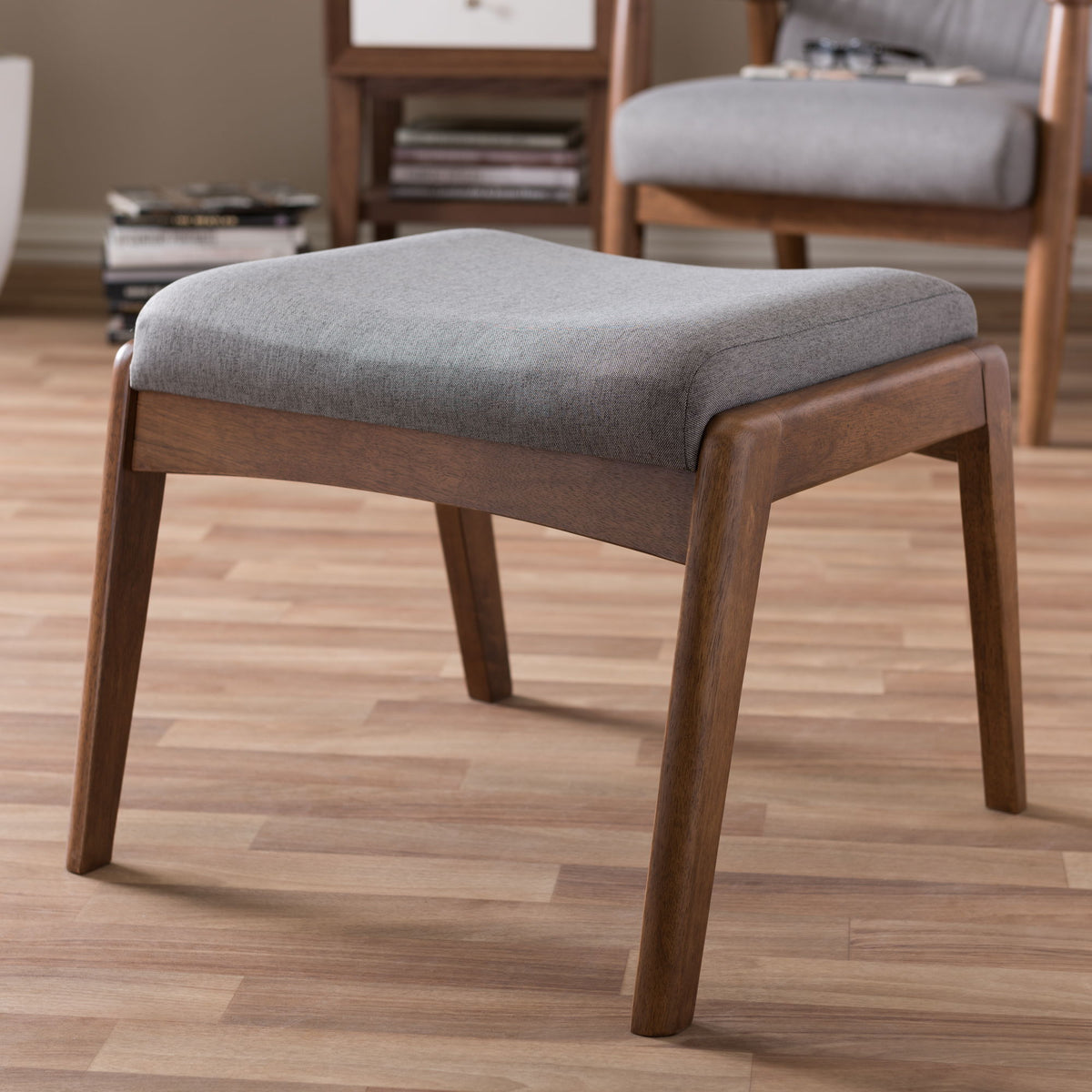 Roxy Mid-Century Modern Walnut Wood Finishing and Grey Fabric Upholstered Ottoman