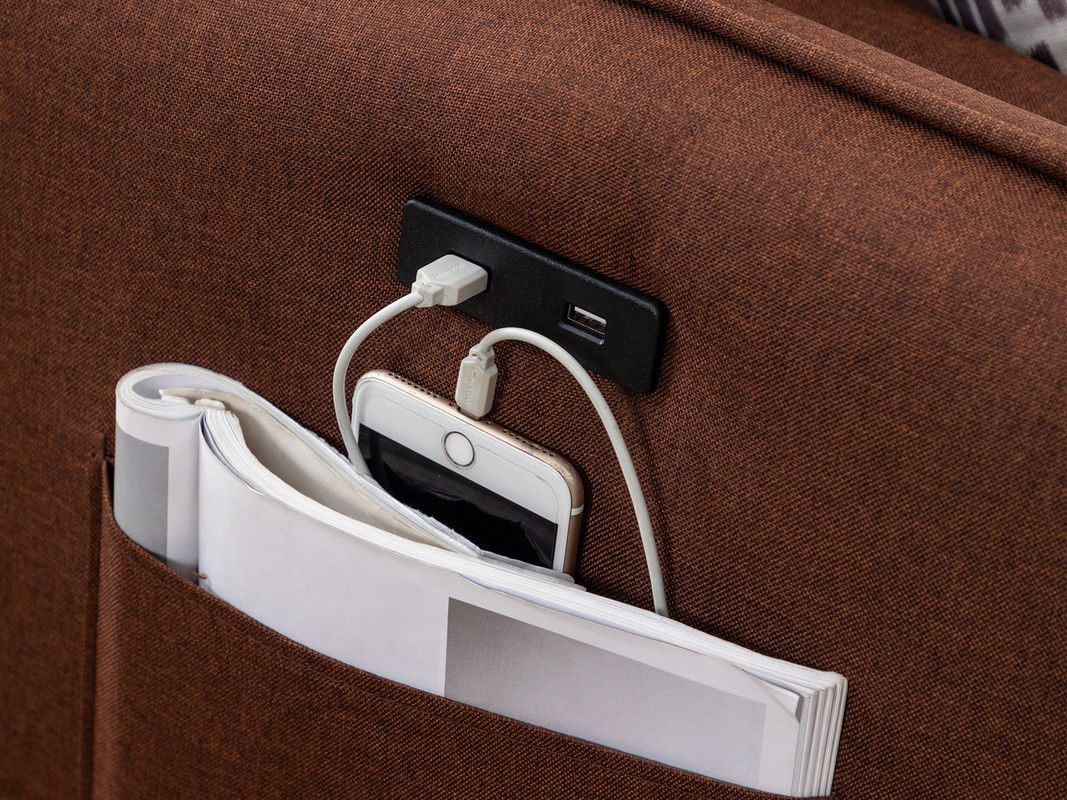 Mia 70"W Brown Sectional Sofa Chaise with USB Charger & Pillows