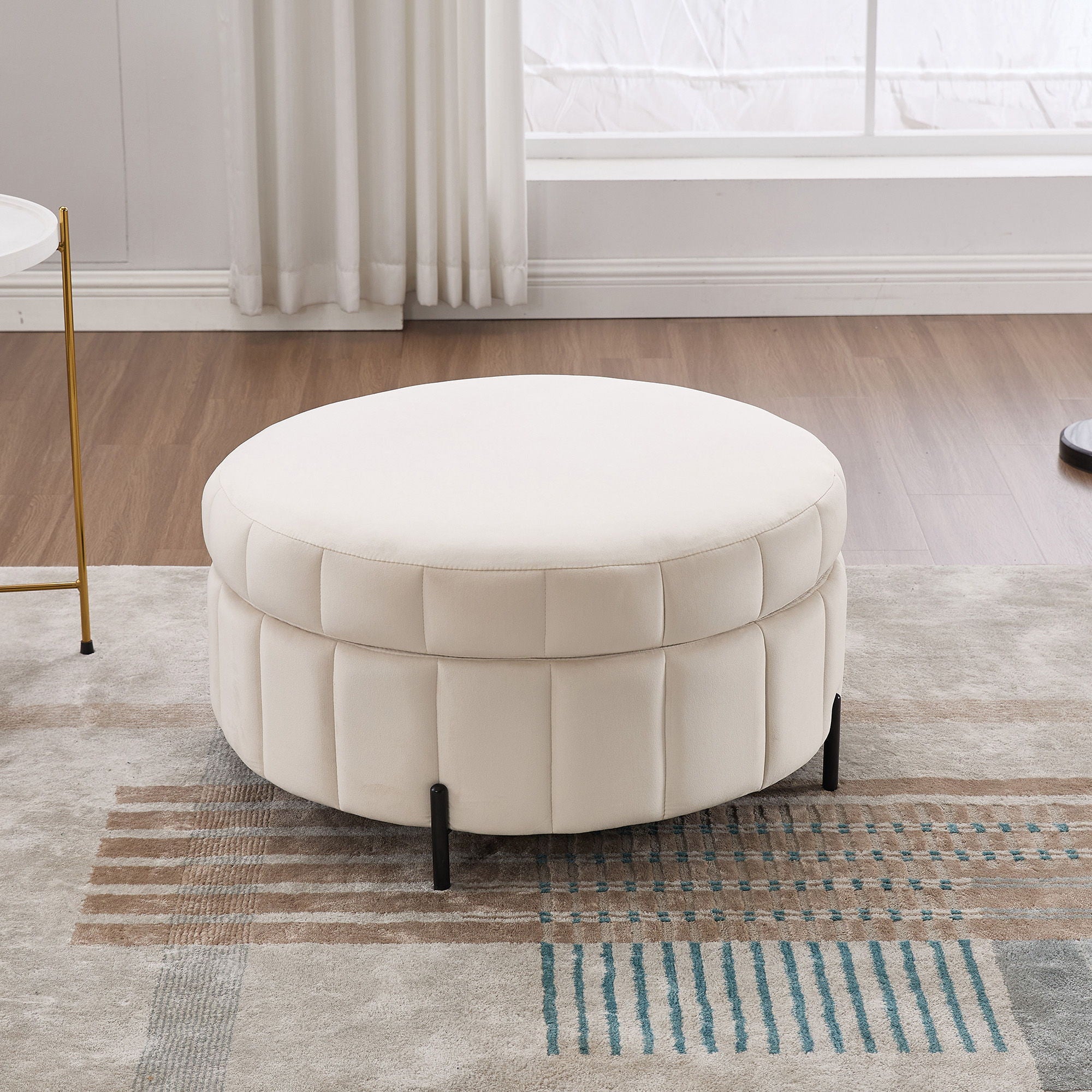 Upholstered Round Ottoman With Reversible Lid, Channel Tufted Pumpkin Shape
