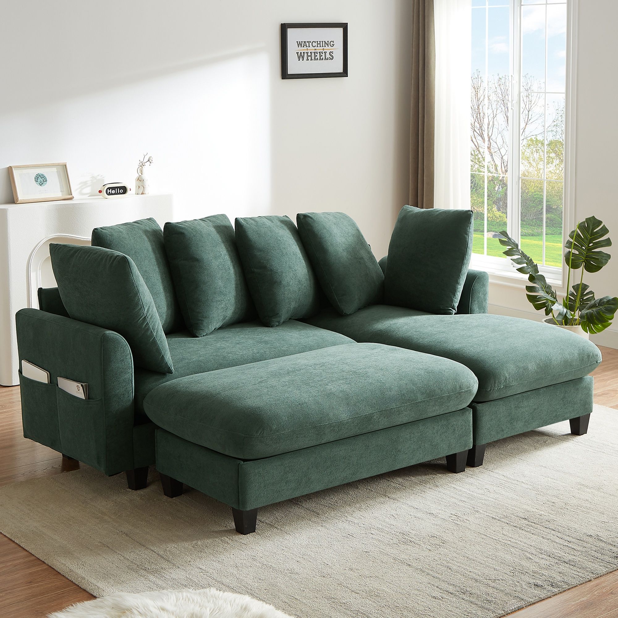 Upholstered L Shaped Sectional Sofa With Storage, Movable Ottoman, And 6 Throw Pillows