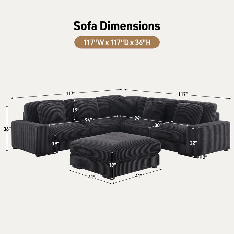 Sloane 117"W Charcoal Corduroy Fabric Reversible L-Shape Modular Sectional Sofa with Ottoman