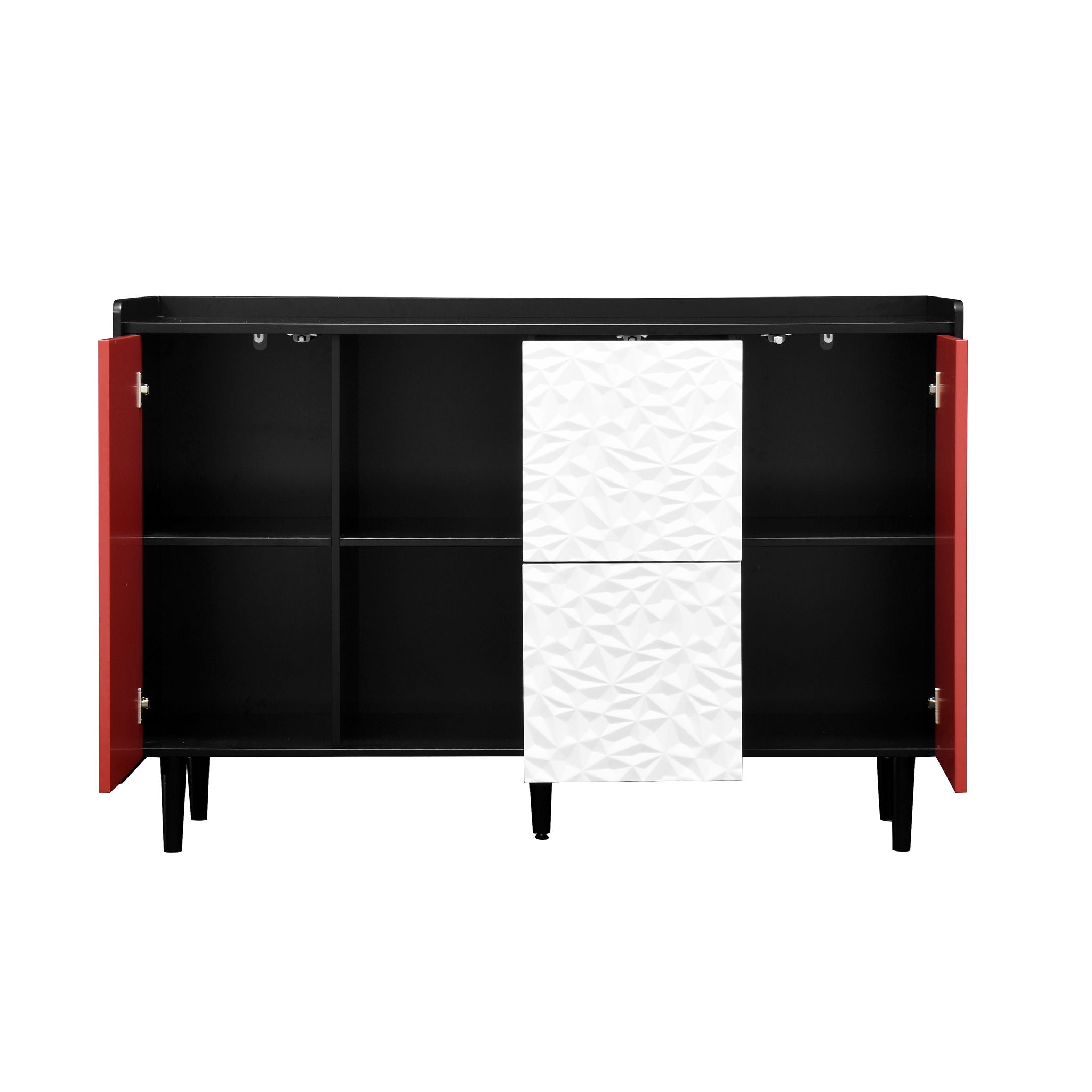 Modern Sideboard Buffet Cabinet With Red Doors And Unique Panel Styling