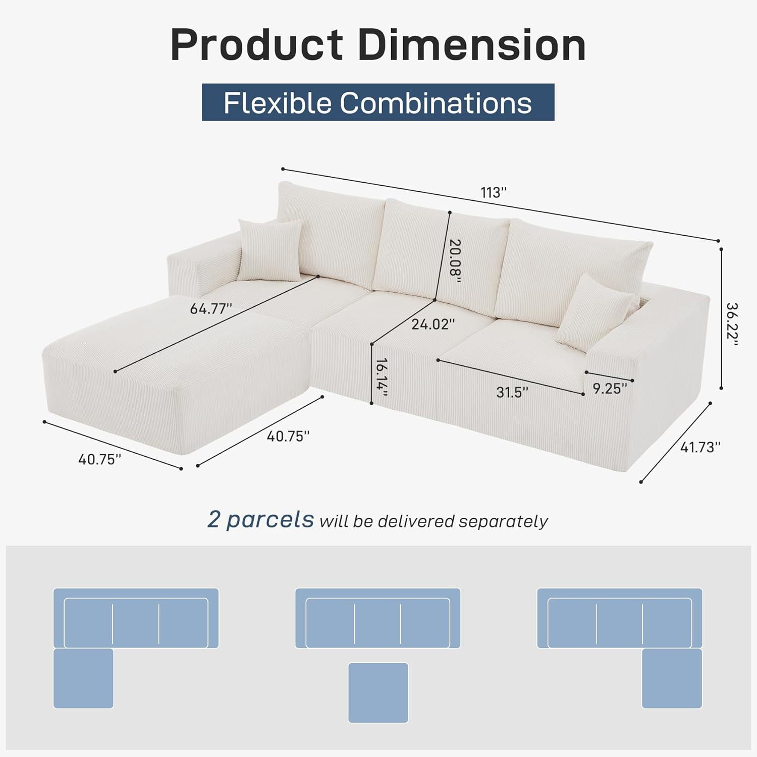 Modular Sectional Sofa With Ottoman, USB And Type C Charger, Petal Armrest Design