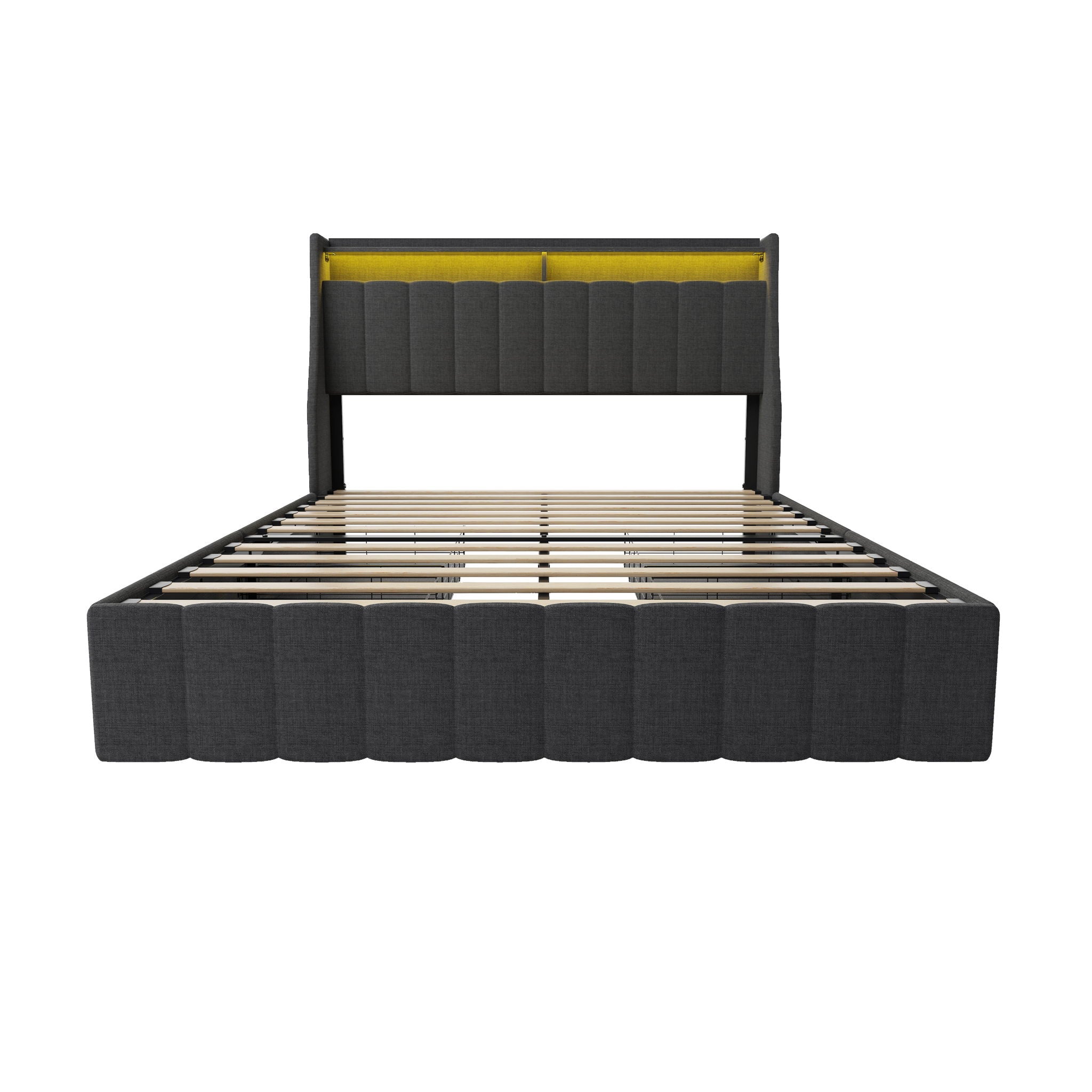 Bed With LED Lights, 4 Drawers, Winged Headboard Upholstered