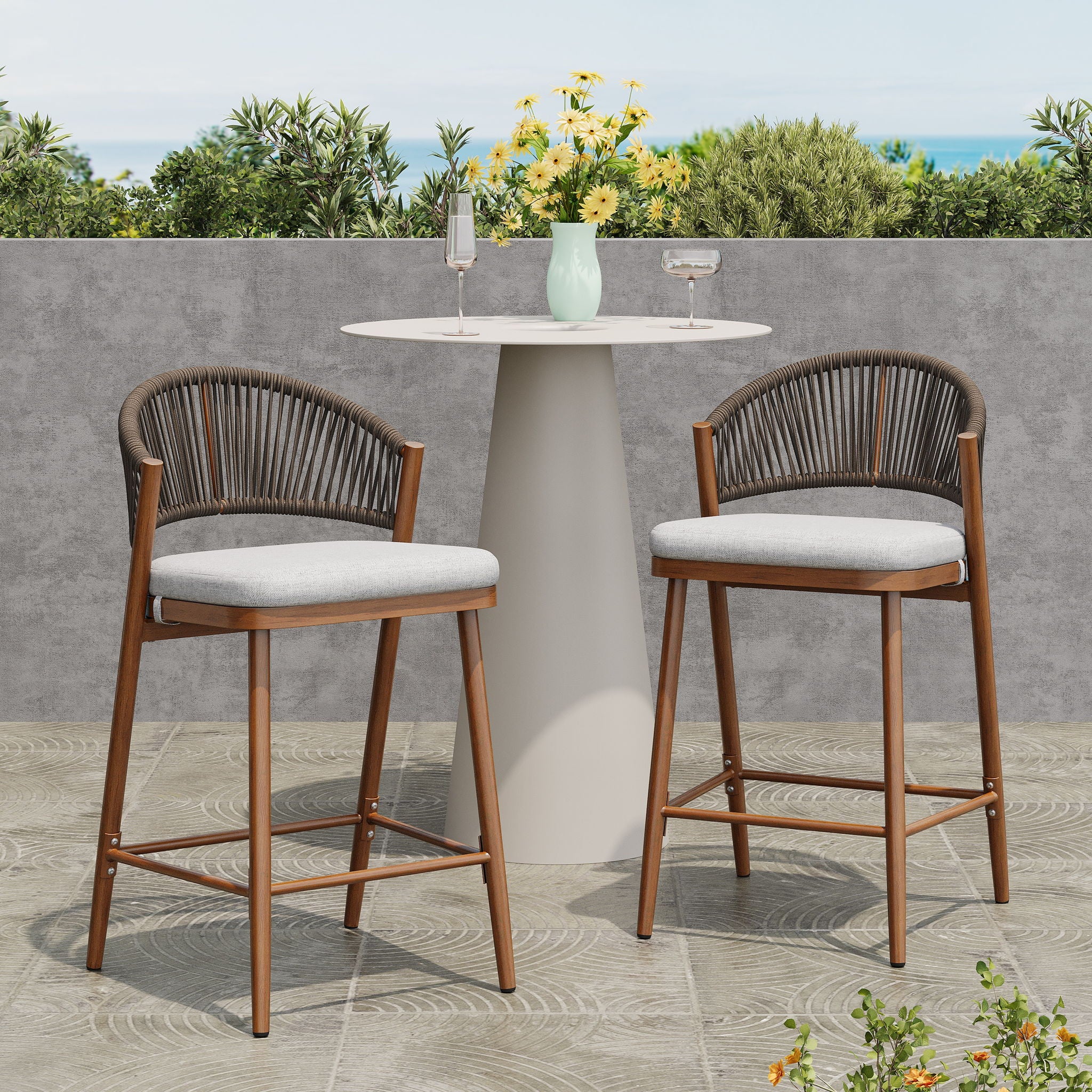 Outdoor 26" Counter Height Metal Frame Counter Stools With Scallop Shaped Backrest & Water Resistant Cushions