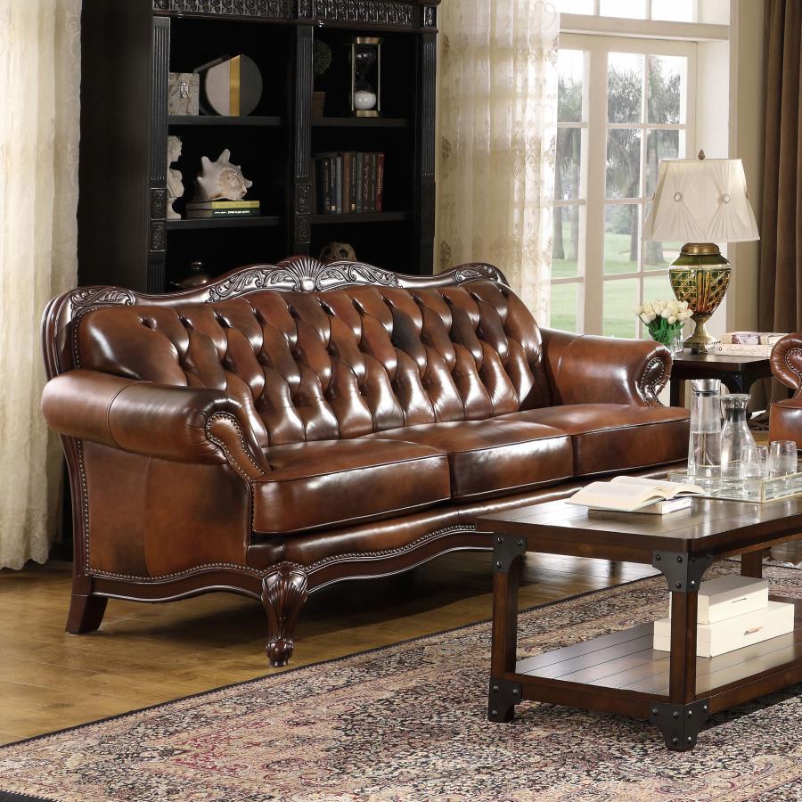 Coaster Fine Furniture Victoria - Full Leather Upholstered Rolled Arm Sofa - Brown | Meri Furniture