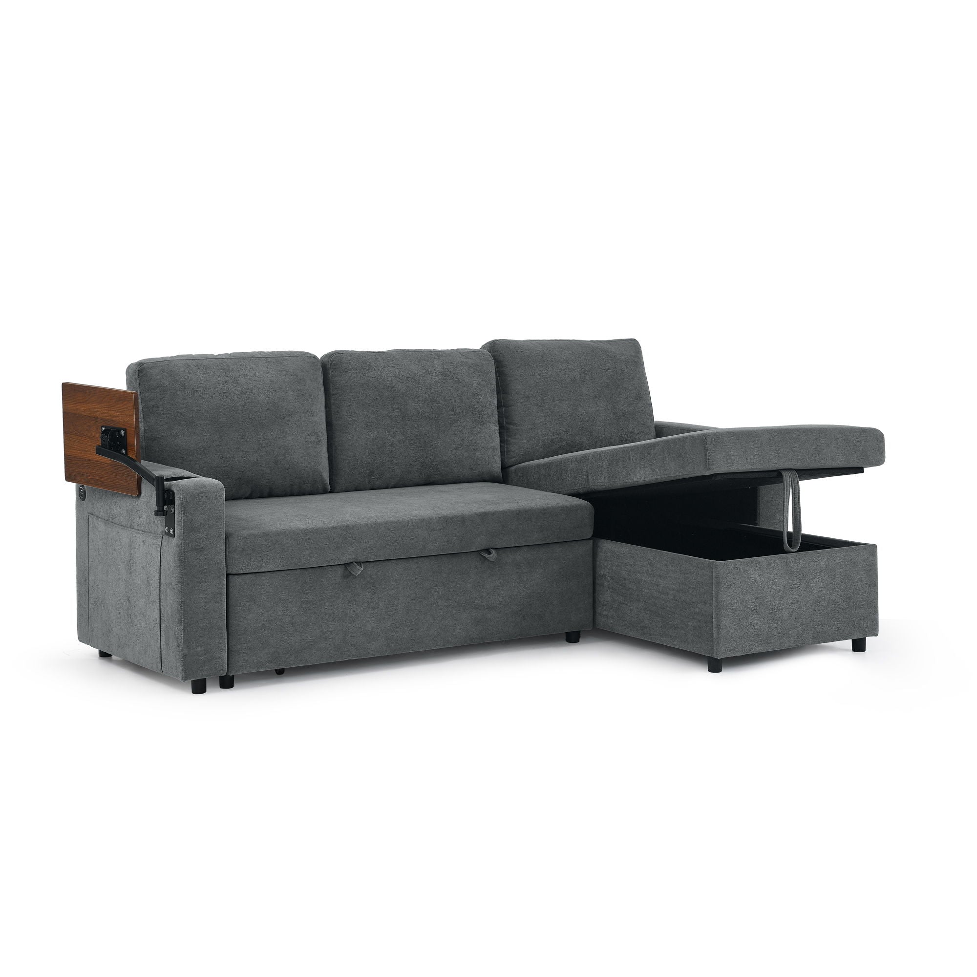 Multi Functional Pull Out Bed Sofa With Retractable Table, LED Lighting, USB Charging Ports & Cup Holders