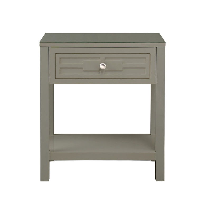 Dylan 23"W Taupe Wooden End Side Table Nightstand with Glass Top and Drawer