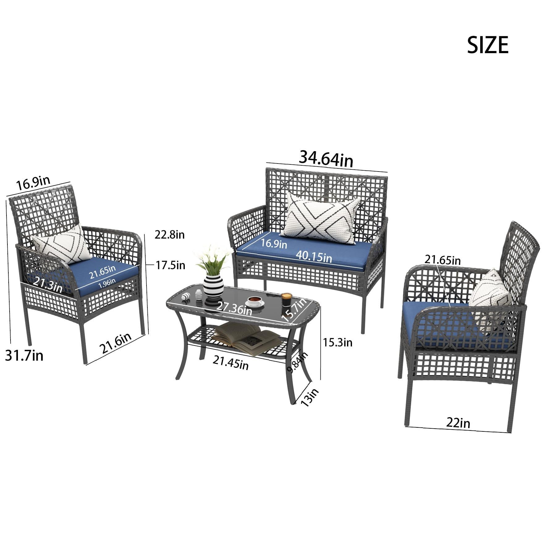 4 Pieces Rattan Wicker Chairs With Tempered Glass Table And Cushions