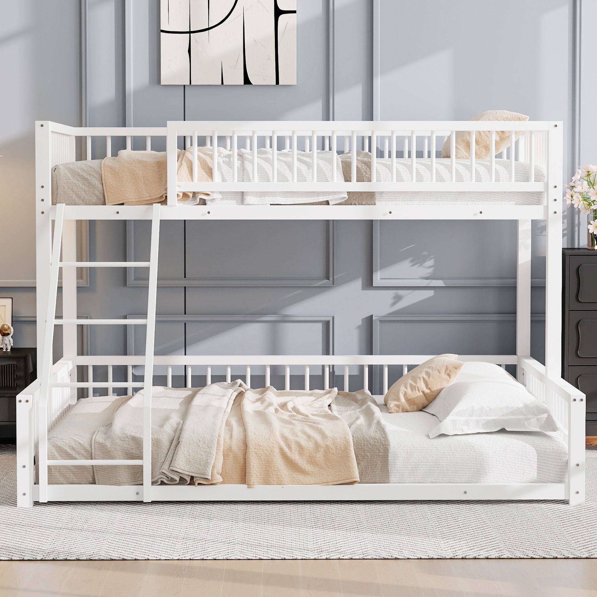 Bunk Bed Frame With Ladder And Safety Guardrails