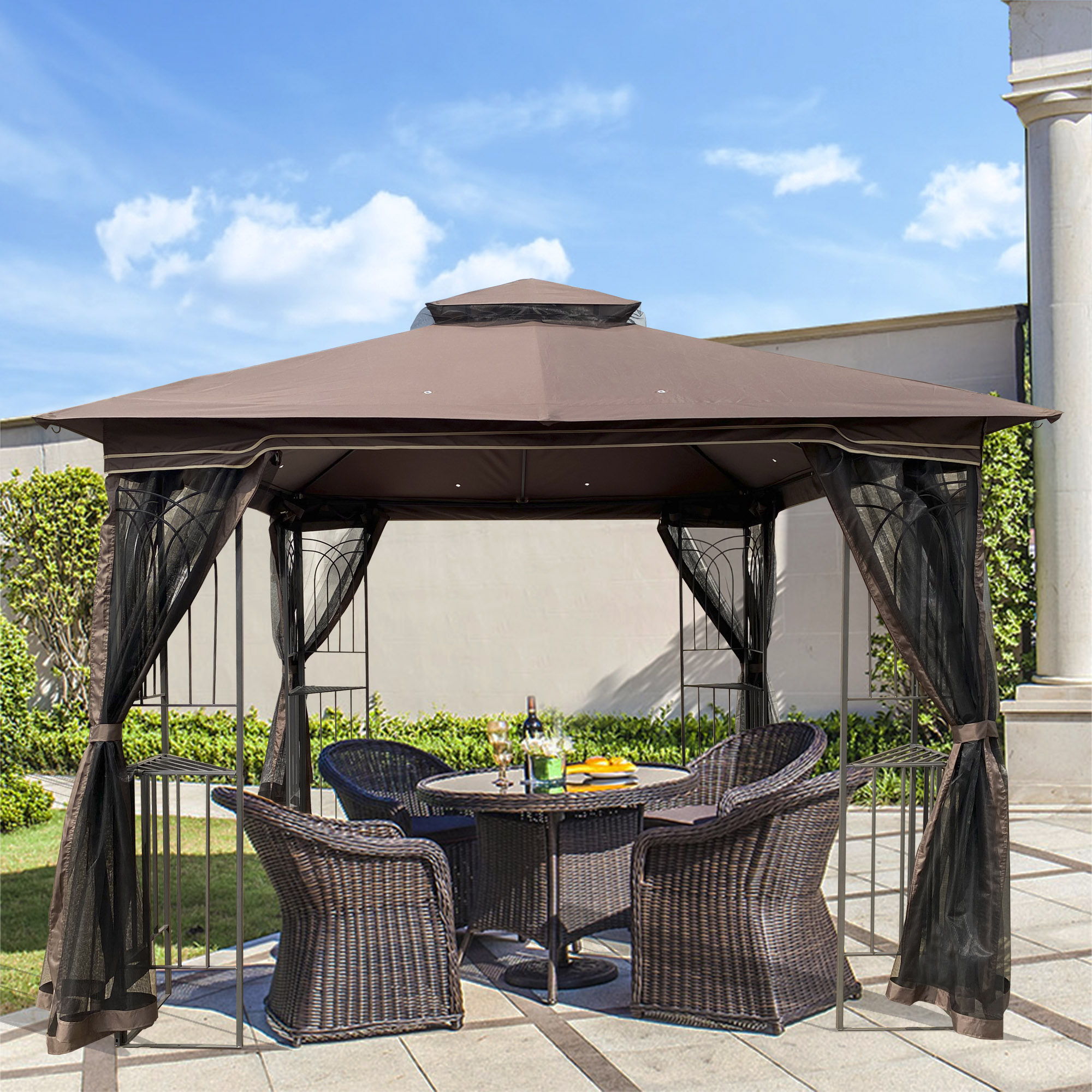 Patio Gazebo Tent With Ventilated Double Roof And Mosquito Net
