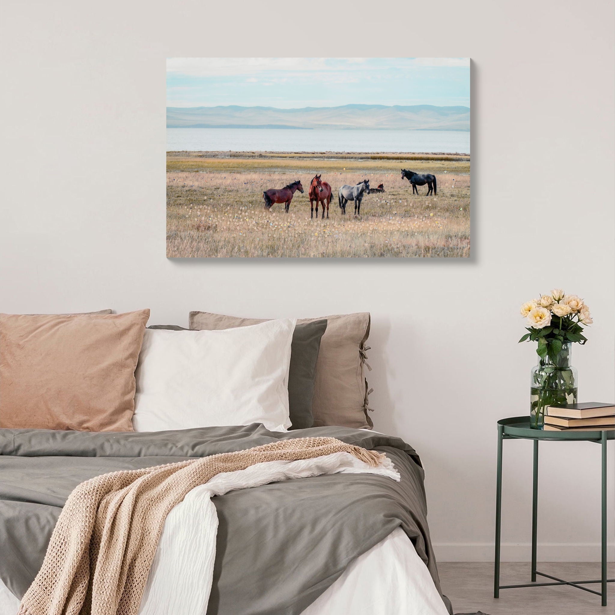 Horse Framed Wall Art Decor For Living Room - Denim / Brown